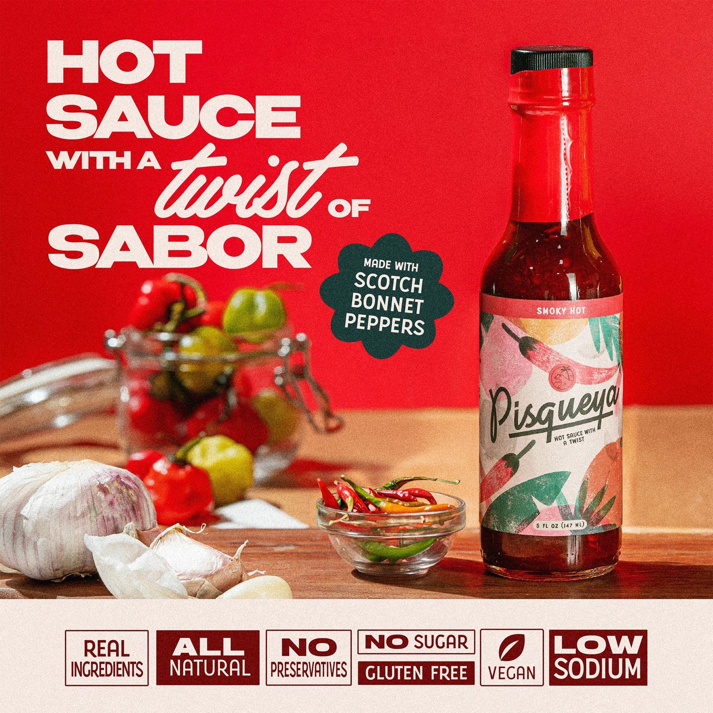 Pisqueya Scotch Bonnet Hot Sauce, Smoky Caribbean Heat, 5 fl oz