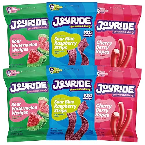 JOYRIDE Fan Favorite Variety 6 Pack - Blue Raspberry Strips, Cherry Berry Ropes, Watermelon Wedges, Low Calorie Gummy Candy, Low Sugar, Dye Free (6