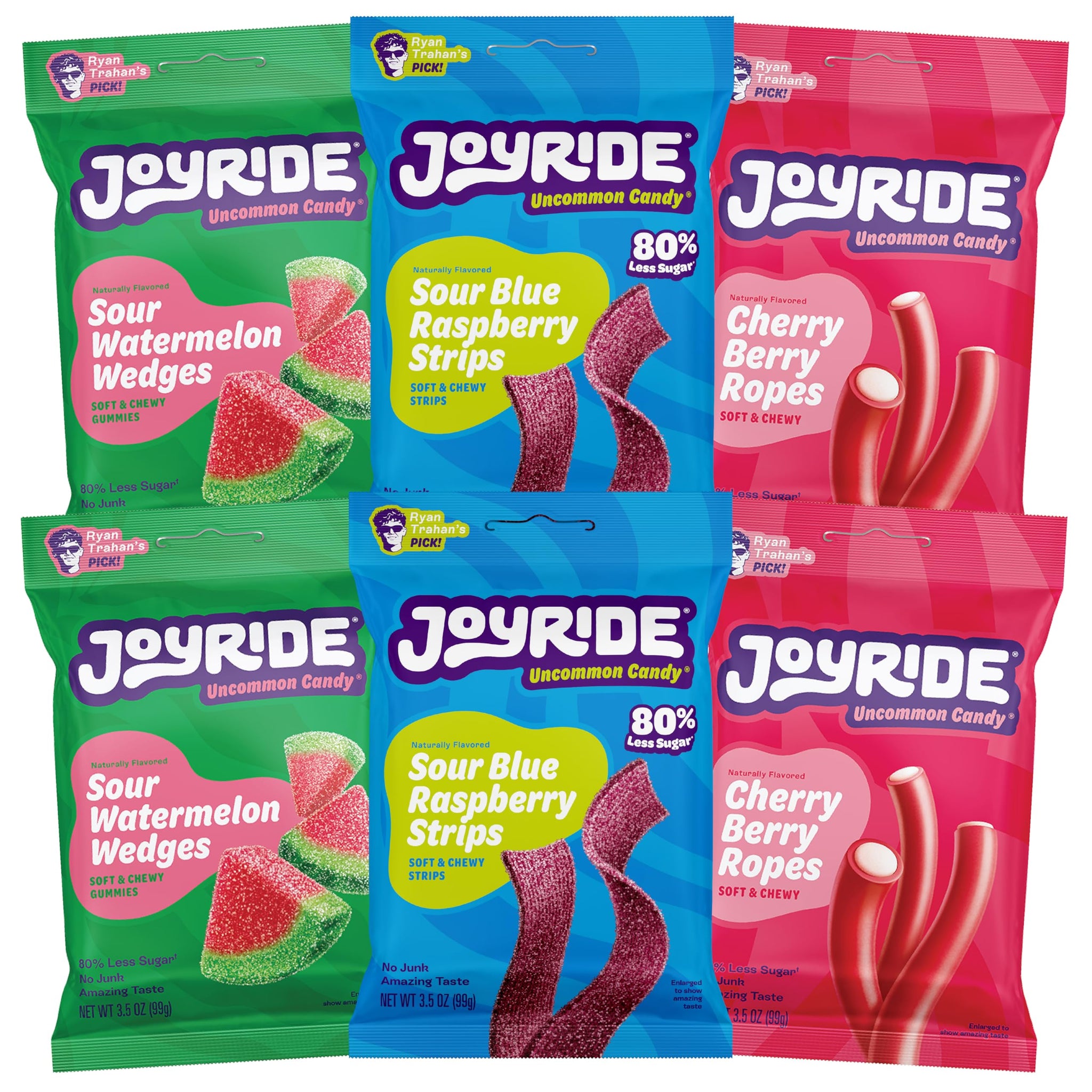 JOYRIDE Fan Favorite Variety 6 Pack - Blue Raspberry Strips, Cherry Berry Ropes, Watermelon Wedges, Low Calorie Gummy Candy, Low Sugar, Dye Free (6