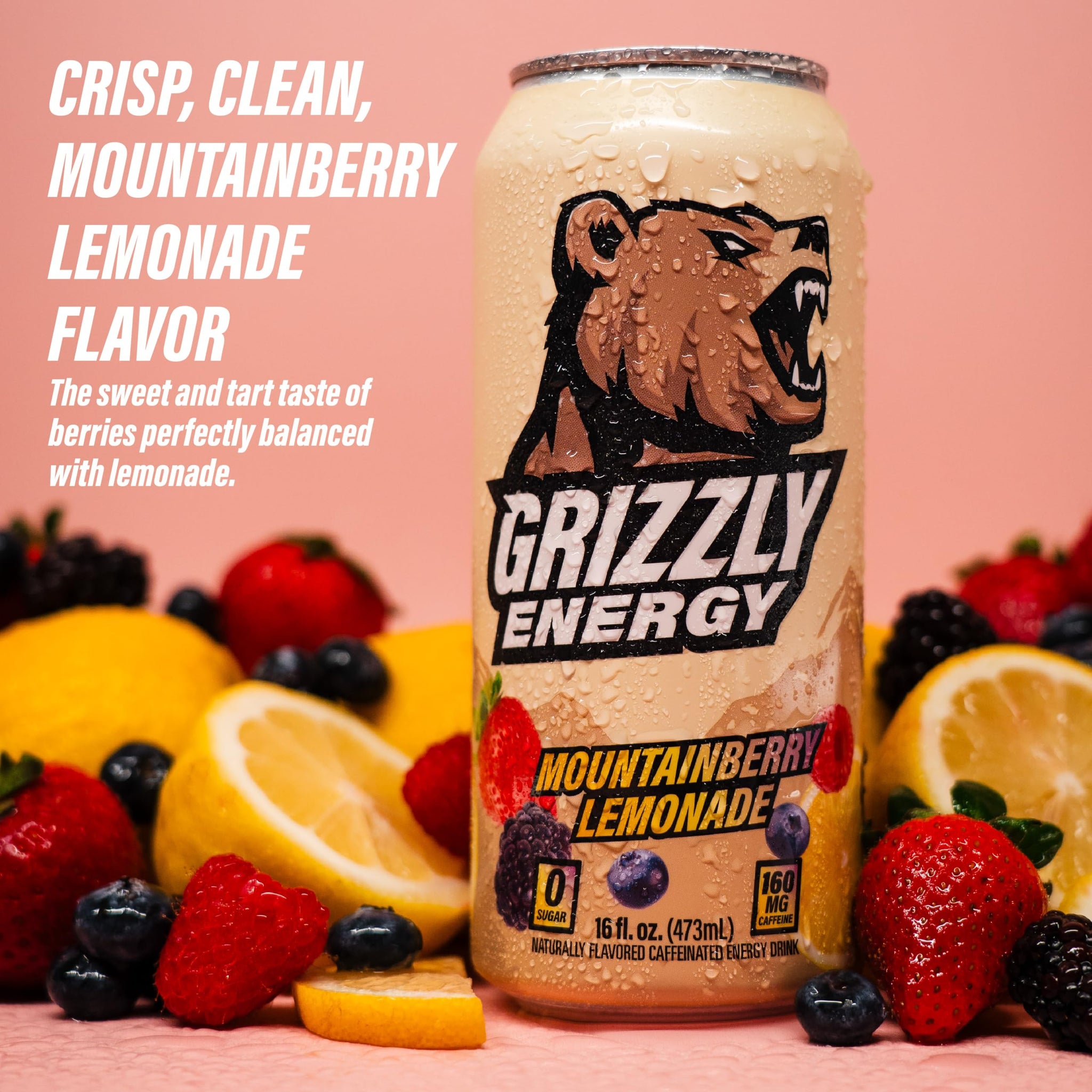 GRIZZLY Energy Drink Mountainberry Lemonade Taurine B Vitamins & 160mg Caffeine - Energy Focus & Hydration Boost - 10 Calories, Zero Sugar - No