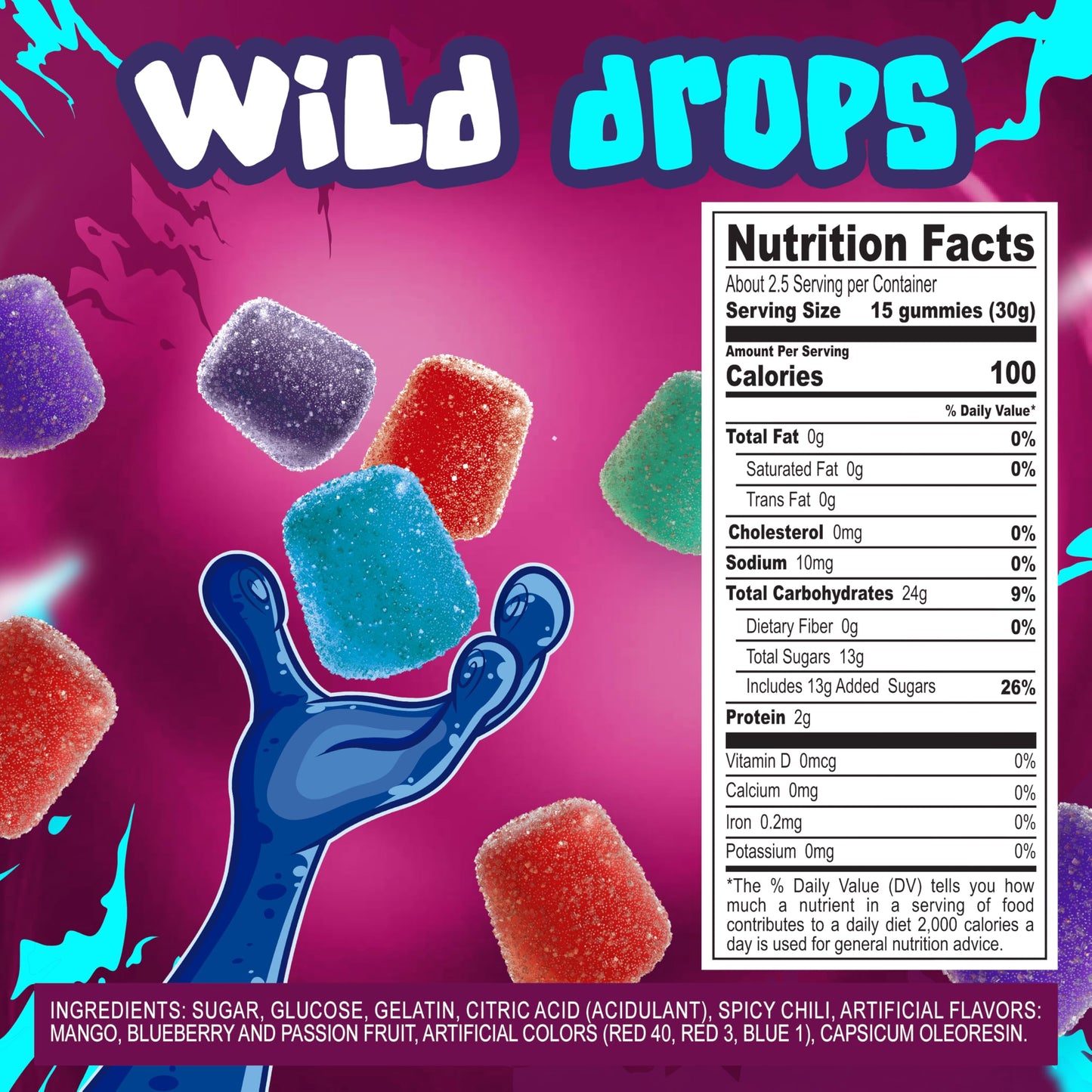 Toztecas Wild Drops, Chewy Gummies, Spicy Fruit Flavored Candy, 2.8 Oz 2.8 Oz (Pack of 1)