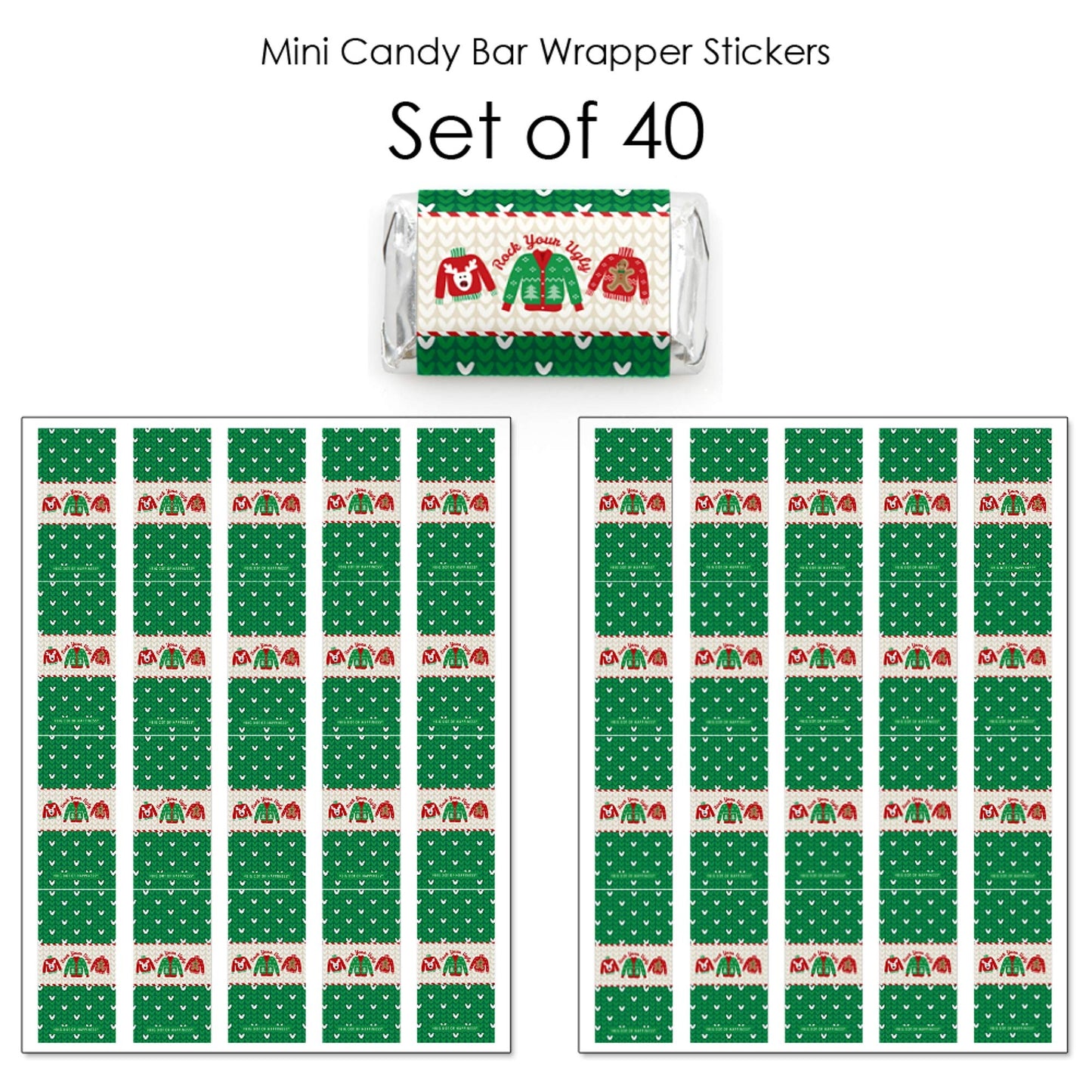 Big Dot of Happiness Ugly Sweater - Mini Candy Bar Wrapper Stickers - Holiday and Christmas Party Small Favors - 40 Count