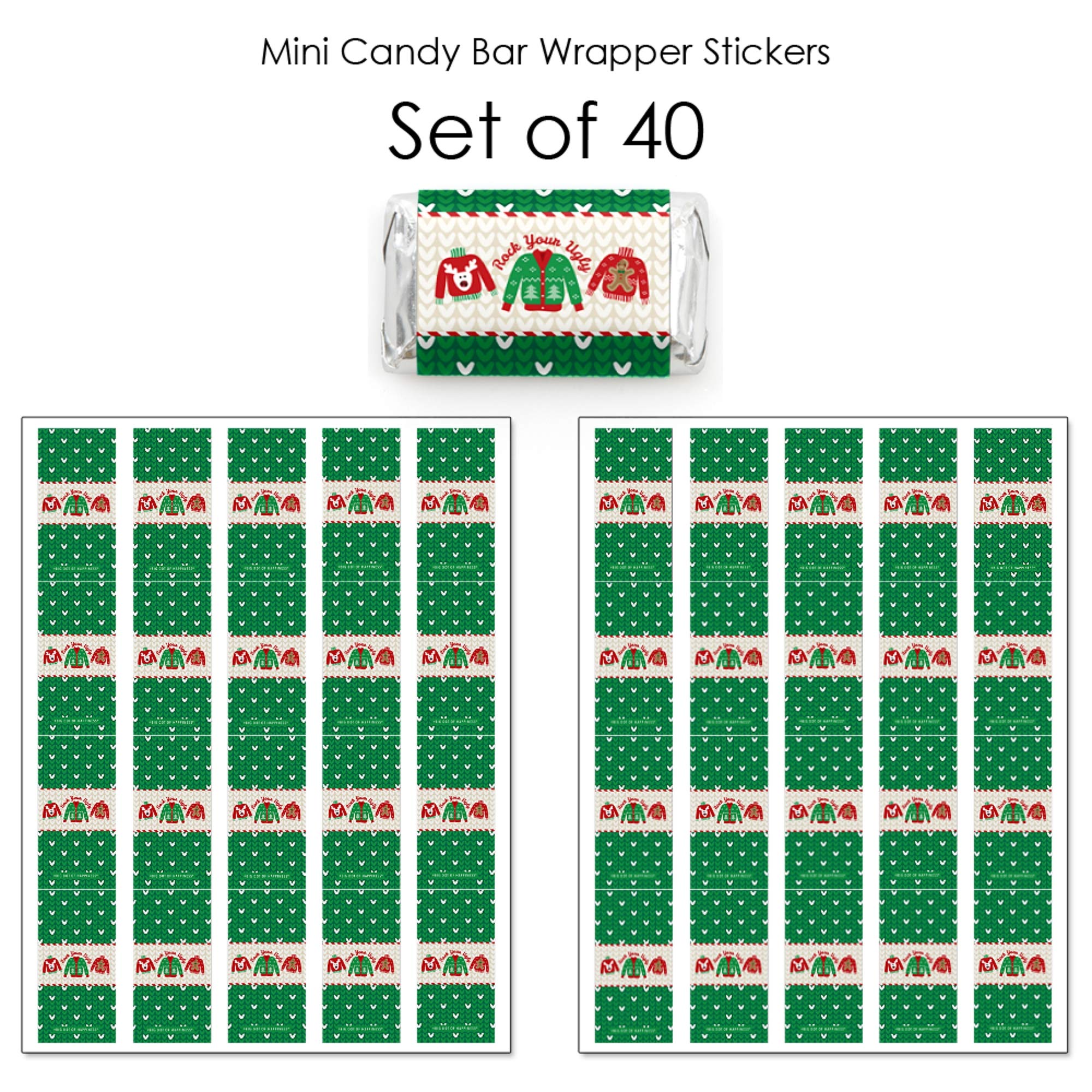 Big Dot of Happiness Ugly Sweater - Mini Candy Bar Wrapper Stickers - Holiday and Christmas Party Small Favors - 40 Count