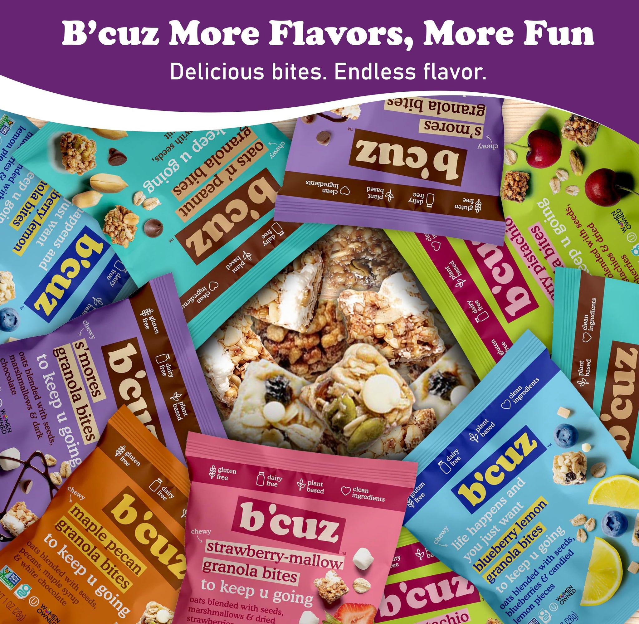 B’cuz Granola Bites Variety Pack, 6 Flavors, Gluten Free, Dairy Free, Vegan & Kosher Snacks, On-the-Go Breakfast Snack Packs for Kids & Adults, 1 oz