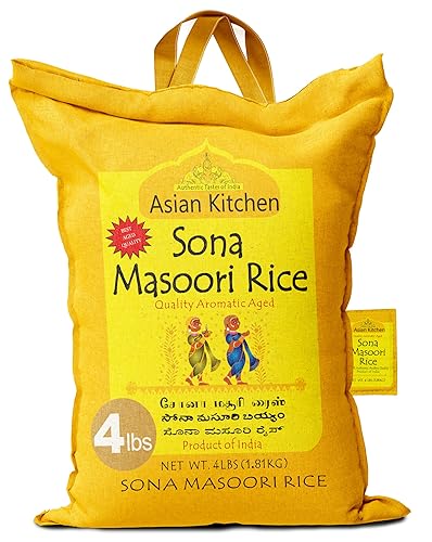 Asian Kitchen White Sona Masoori Aged Rice 4-Pound Bag, 4lbs (1.81kg) Short Grain Rice ~ All Natural | Gluten Friendly | Vegan | Indian Origin |