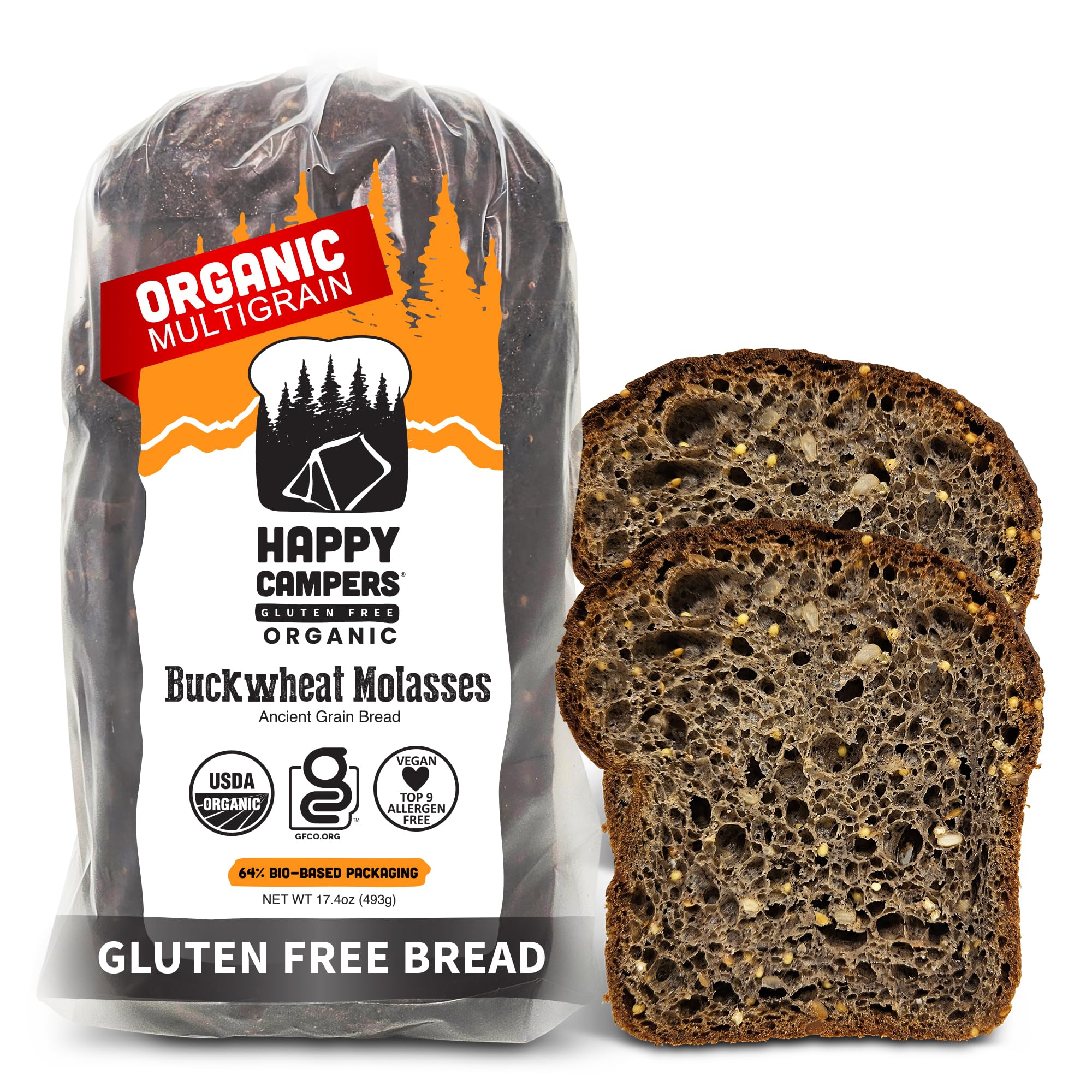 Happy Campers Buckwheat Molasses Gluten Free Bread, Whole Grain, Non-GMO, Vegan, Organic, 17.4 oz Loaf (Pack of 4)