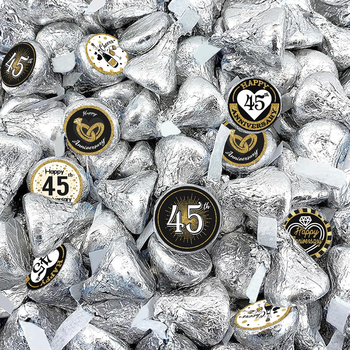 Black and Gold 45th Anniversary Kisses Stickers, 180 Count 0.75" Round Candy Labels, Chocolate Favor Stickers for 45th Wedding Anniversary Party