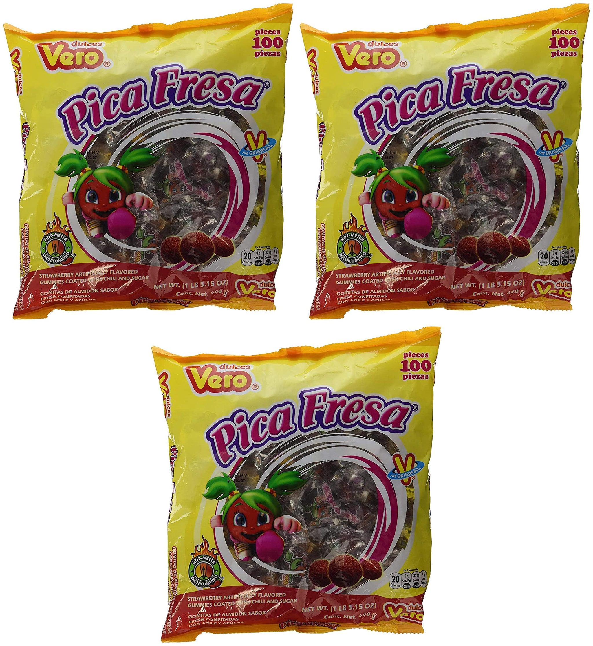 Dulces Vero Pica Fresa Chili Strawberry Flavor Gummy Mexican Candy, 100Piece, 1 LB, 5.15 OZ, Clear Pack of 3