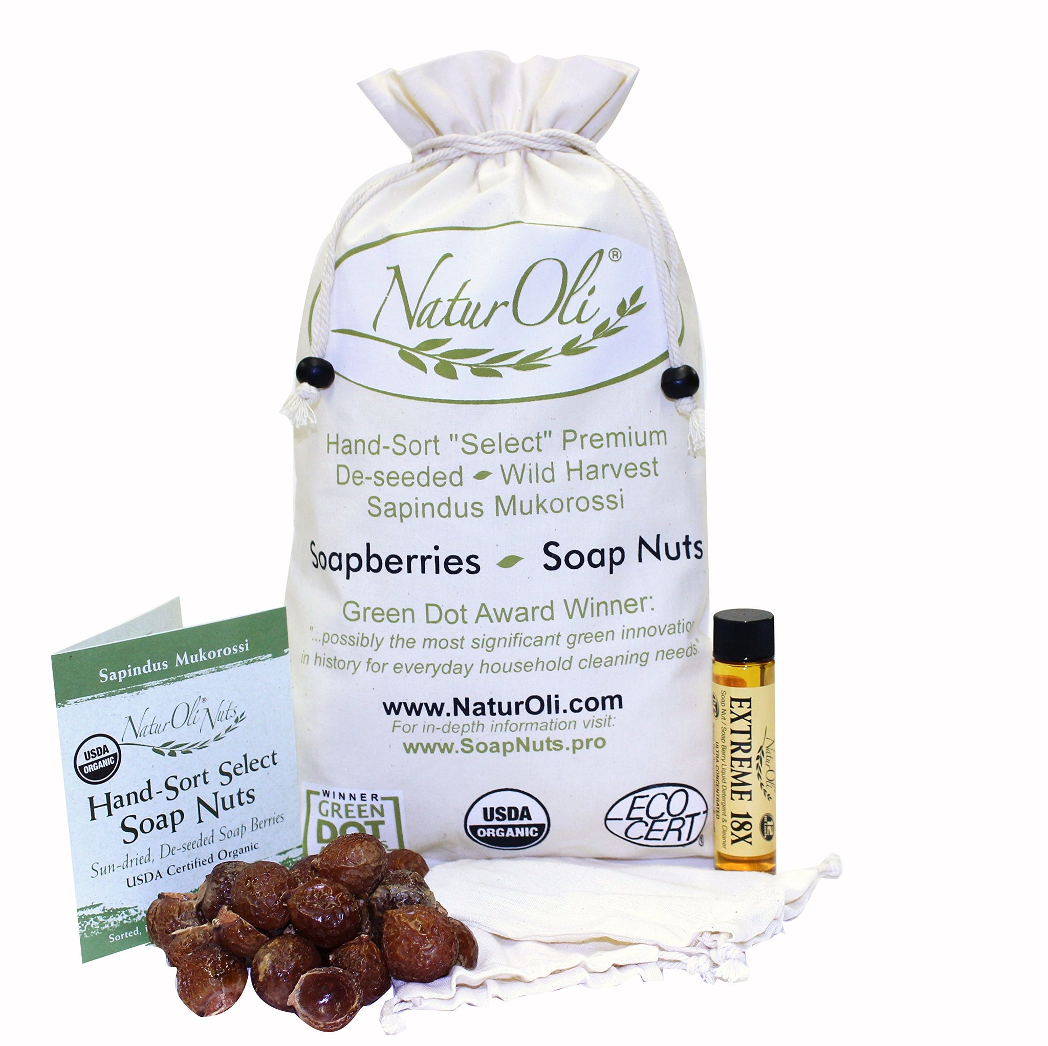 NaturOli Soap Nuts/Soap Berries - 2-Lbs organic (480 loads) + 18X Travel Bottle! Select Seedless - 2 Wash Bags, 8-pg info, Tote Bag. Organic Laundry