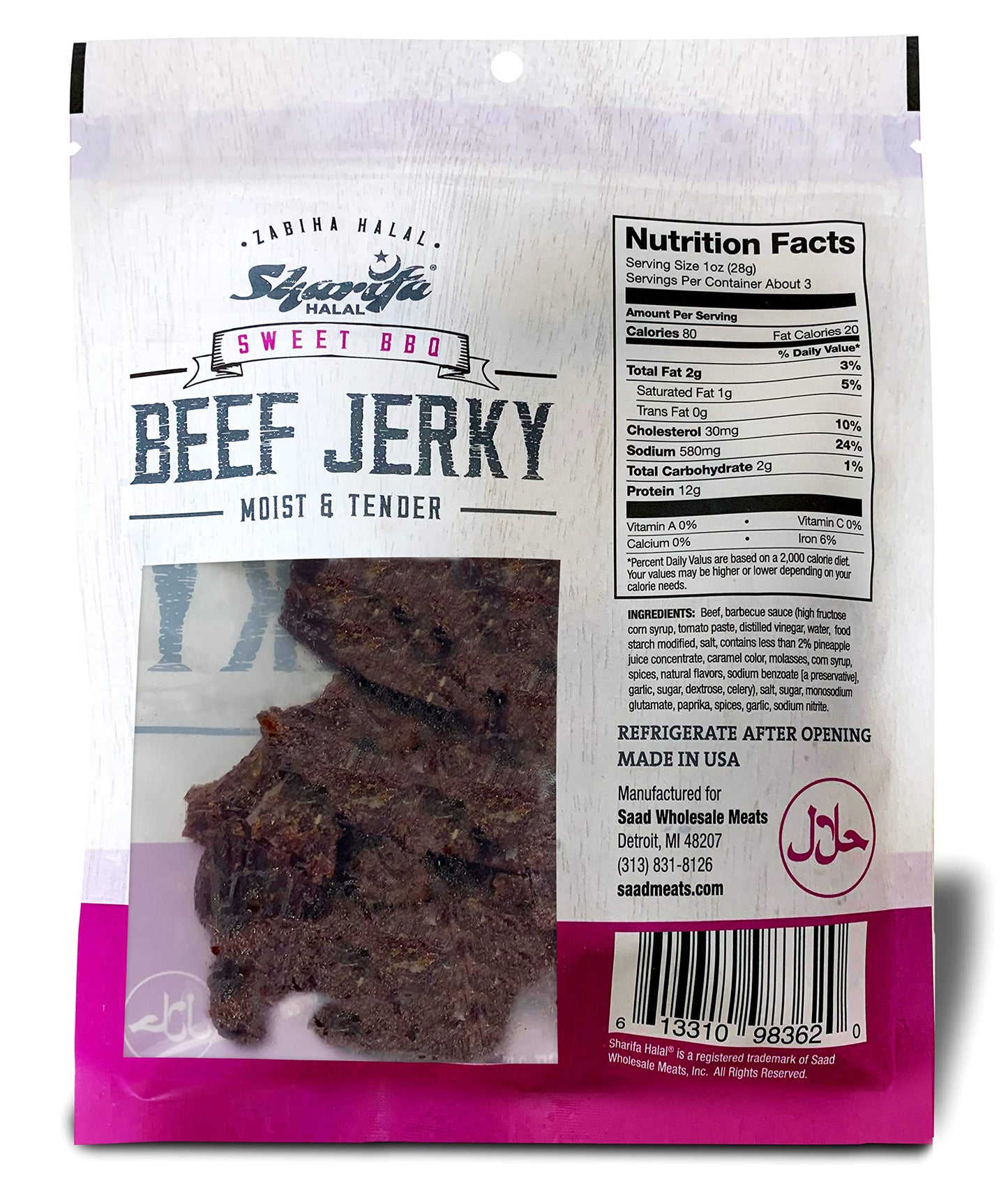 Sharifa Halal Beef Jerky, Sweet BBQ, (1) 2.85 oz. Bag - Great Everyday Halal Jerky Beef Meat Snack, 100 % Real Zabiha Halal Beef, 12g of Protein, 80