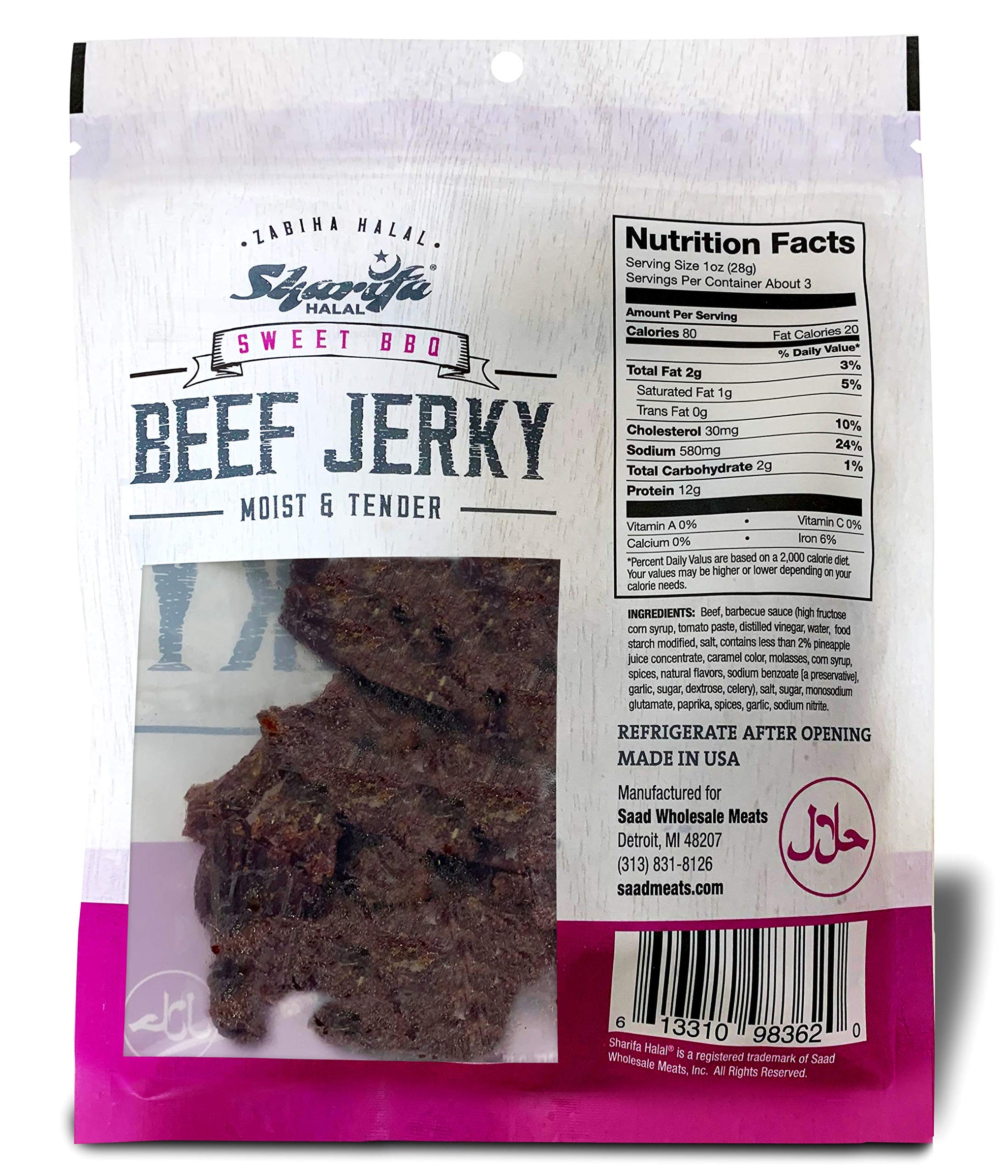 Sharifa Halal Beef Jerky, Sweet BBQ, (1) 2.85 oz. Bag - Great Everyday Halal Jerky Beef Meat Snack, 100 % Real Zabiha Halal Beef, 12g of Protein, 80