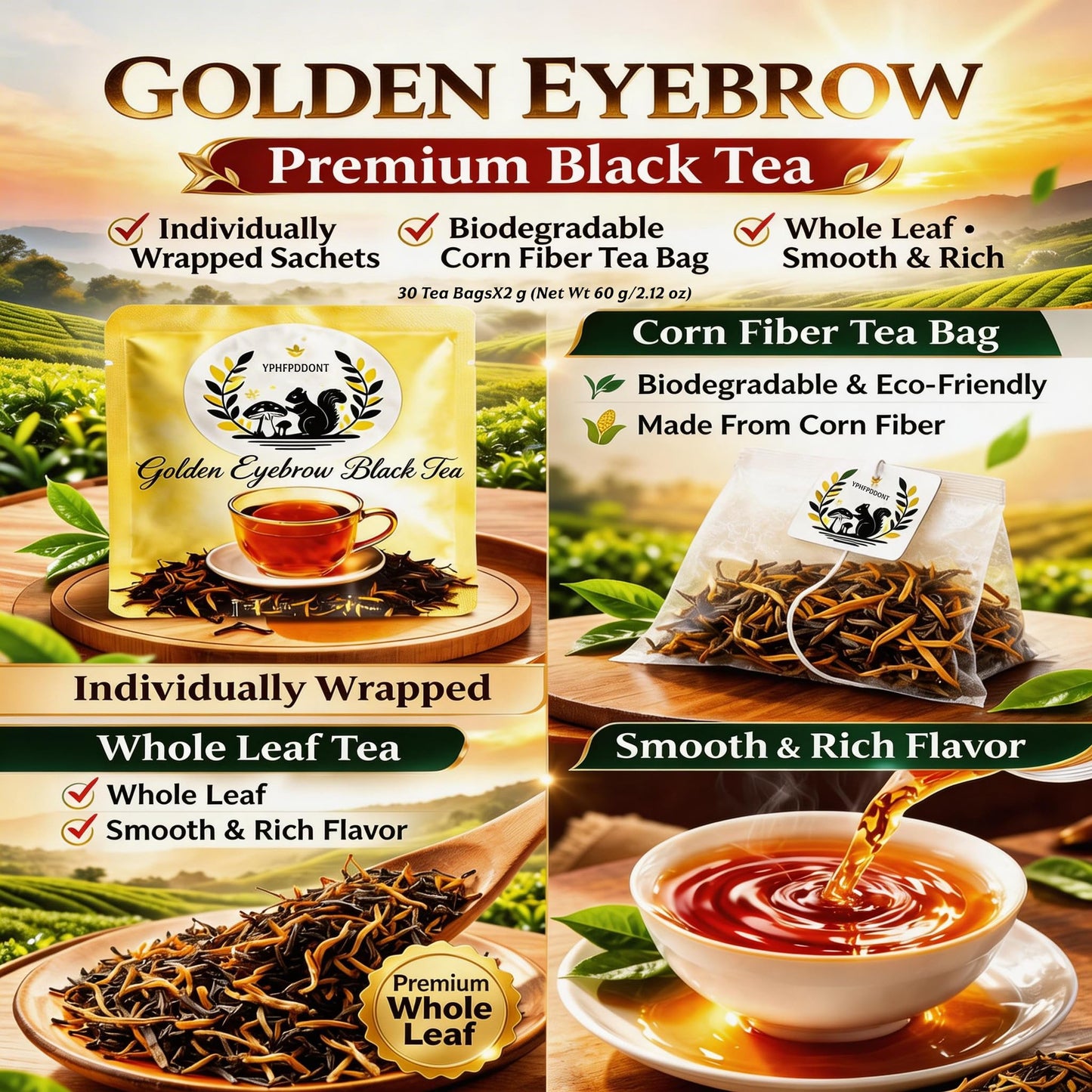 YPHFPDDONT Premium Golden Eyebrow Black Tea Bags - Luxury Whole Leaf Tea, Individually Wrapped Eco-Friendly Corn Fiber Sachets, Unsmoked Sweet Honey