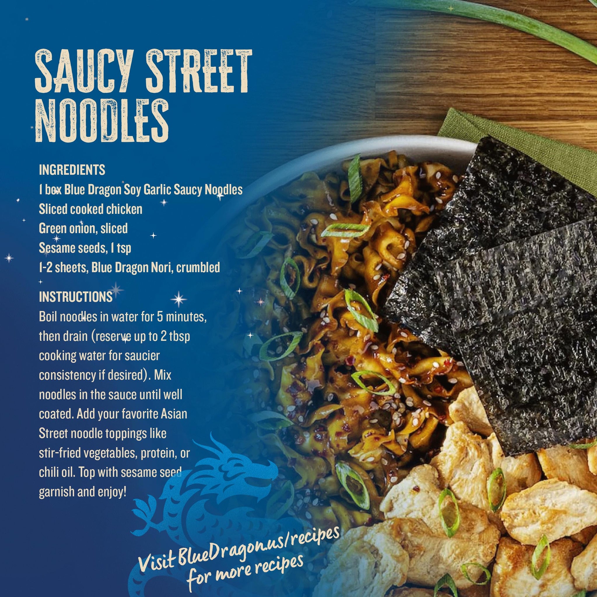 Blue Dragon Soy Garlic Saucy Noodles - 4.2oz (Pack of 3) - Knife Cut Air Dried Noodles w/Soy Garlic Sauce & Chili Garnish - Quick & Easy Meal