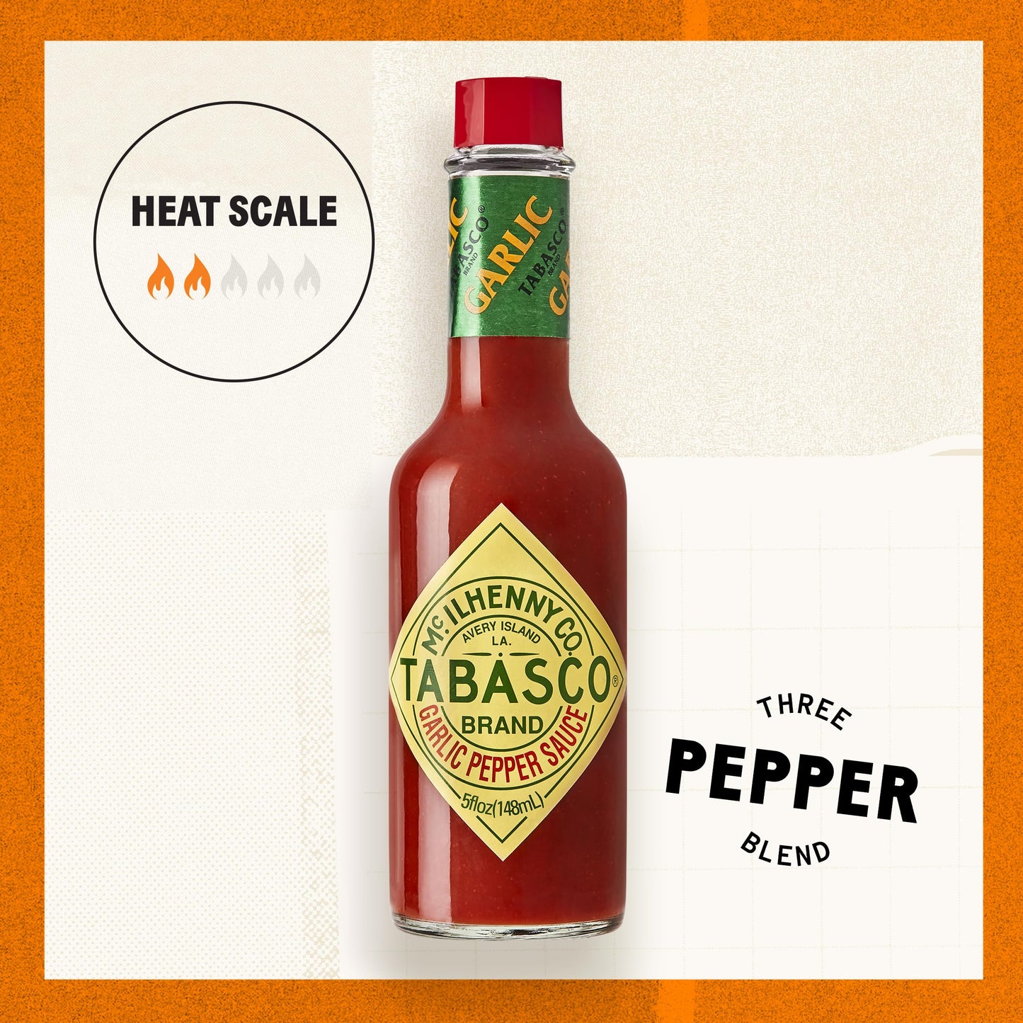 TABASCO® Brand Cayenne Garlic Pepper Sauce, Mild Hot Sauce, Glass Bottle, Smoky & Zesty Blend with Savory Garlic, Bold Flavor, Great for Italian