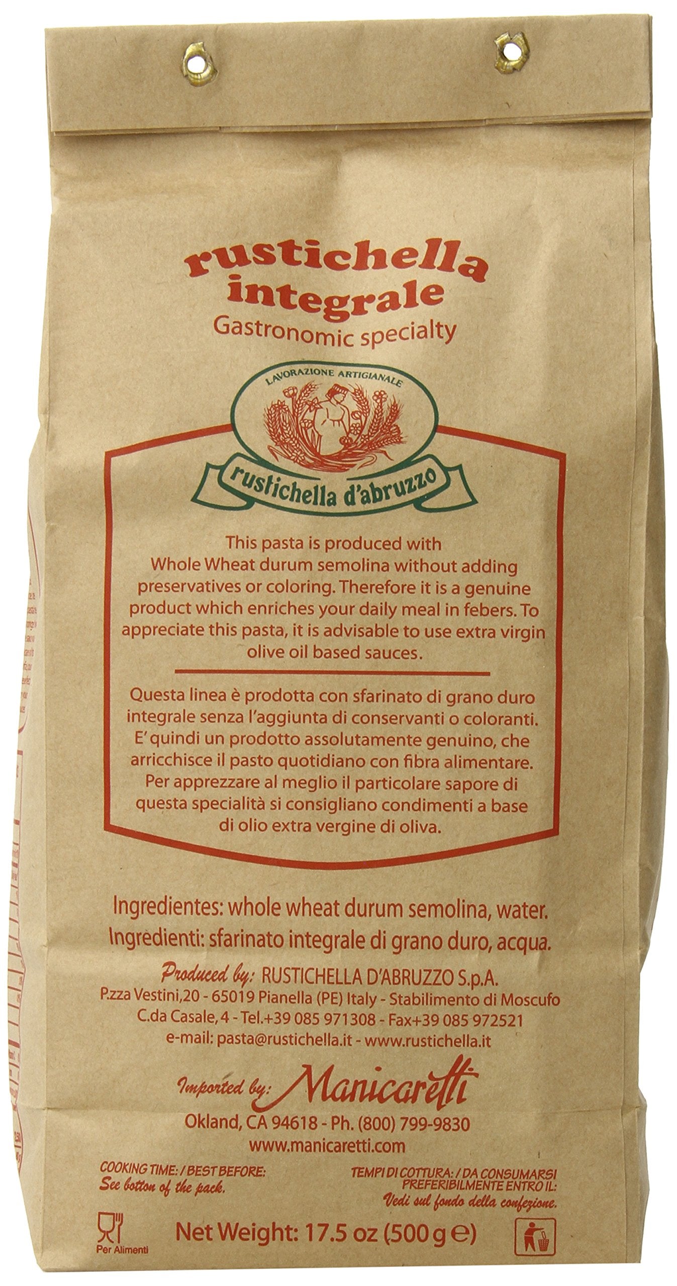 Rustichella D'Abruzzo Pasta Penne Rigate Whole Wheat in Brown Bag, 1.1 Pound