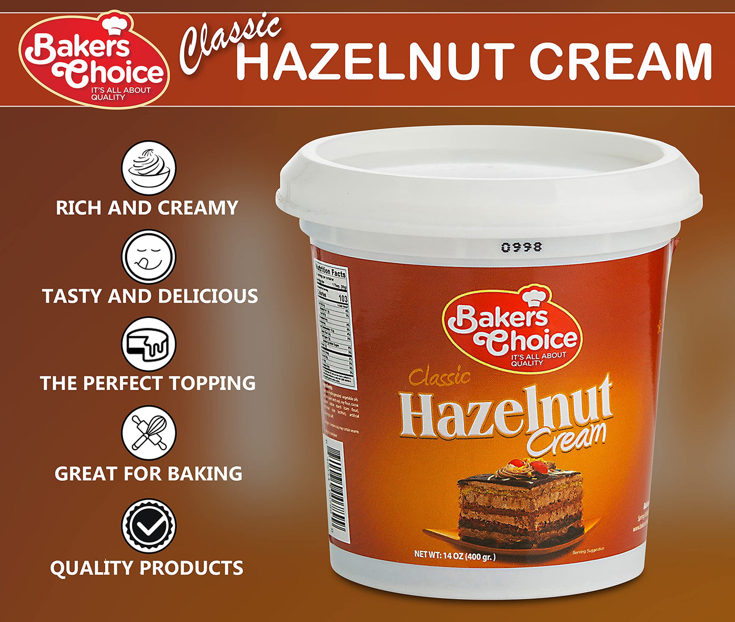 Hazelnut Spread Pastry Filling, 14 oz. - Hazelnut Cream - Cake Filling, Donut and Dessert Topping and Spread - Baking Ingredient For Cakes, Ice Cream