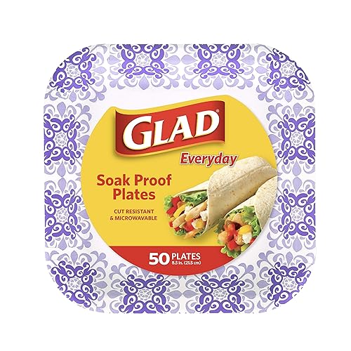 Glad Square Disposable Paper Plates for All Occasions | Soak Proof, Cut Proof, Microwaveable Heavy Duty Disposable Plates | 8.5" Diameter, 50 Count