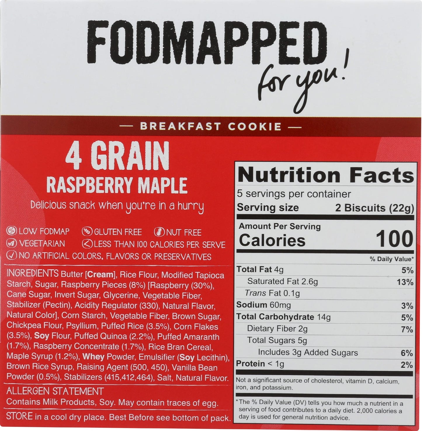 FODMAPPED FOR YOU Raspberry Maple 4 Grain Breakfast Cookies, 3.9 OZ
