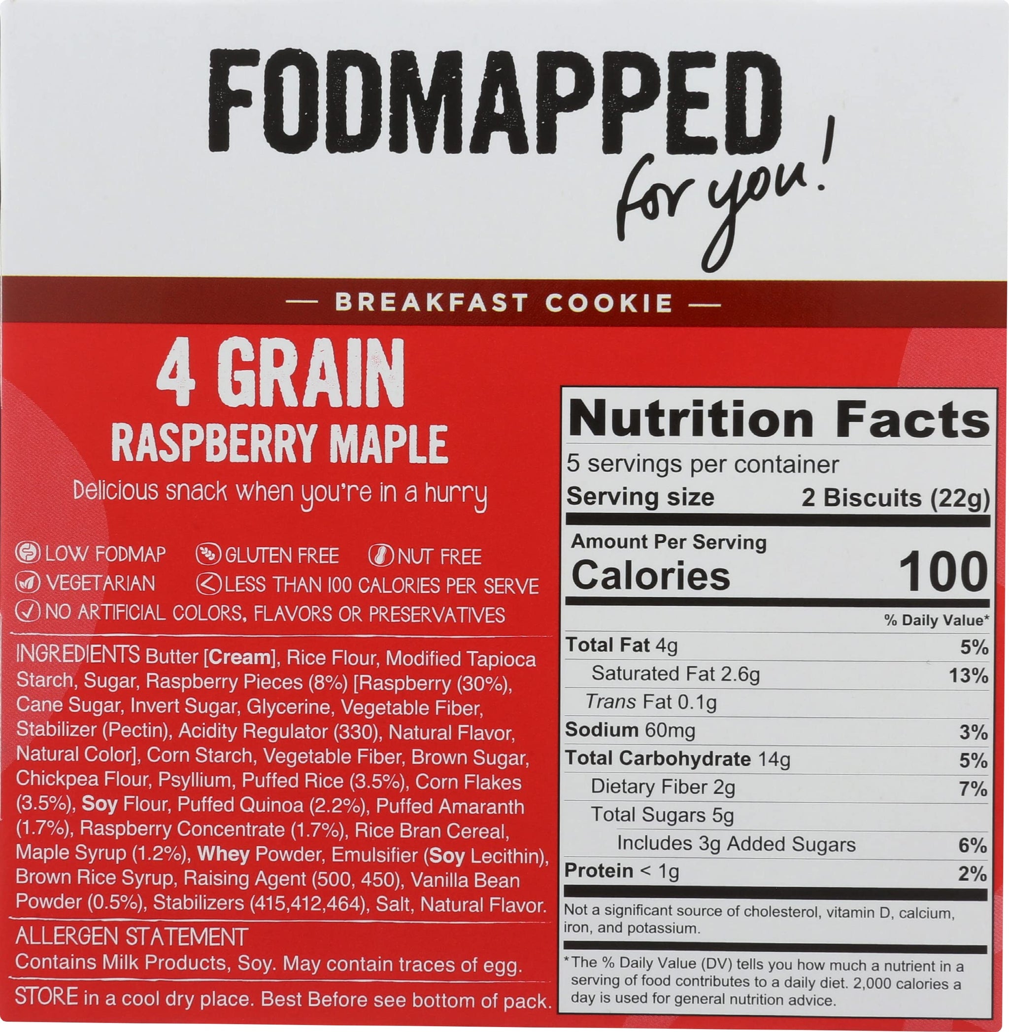FODMAPPED FOR YOU Raspberry Maple 4 Grain Breakfast Cookies, 3.9 OZ