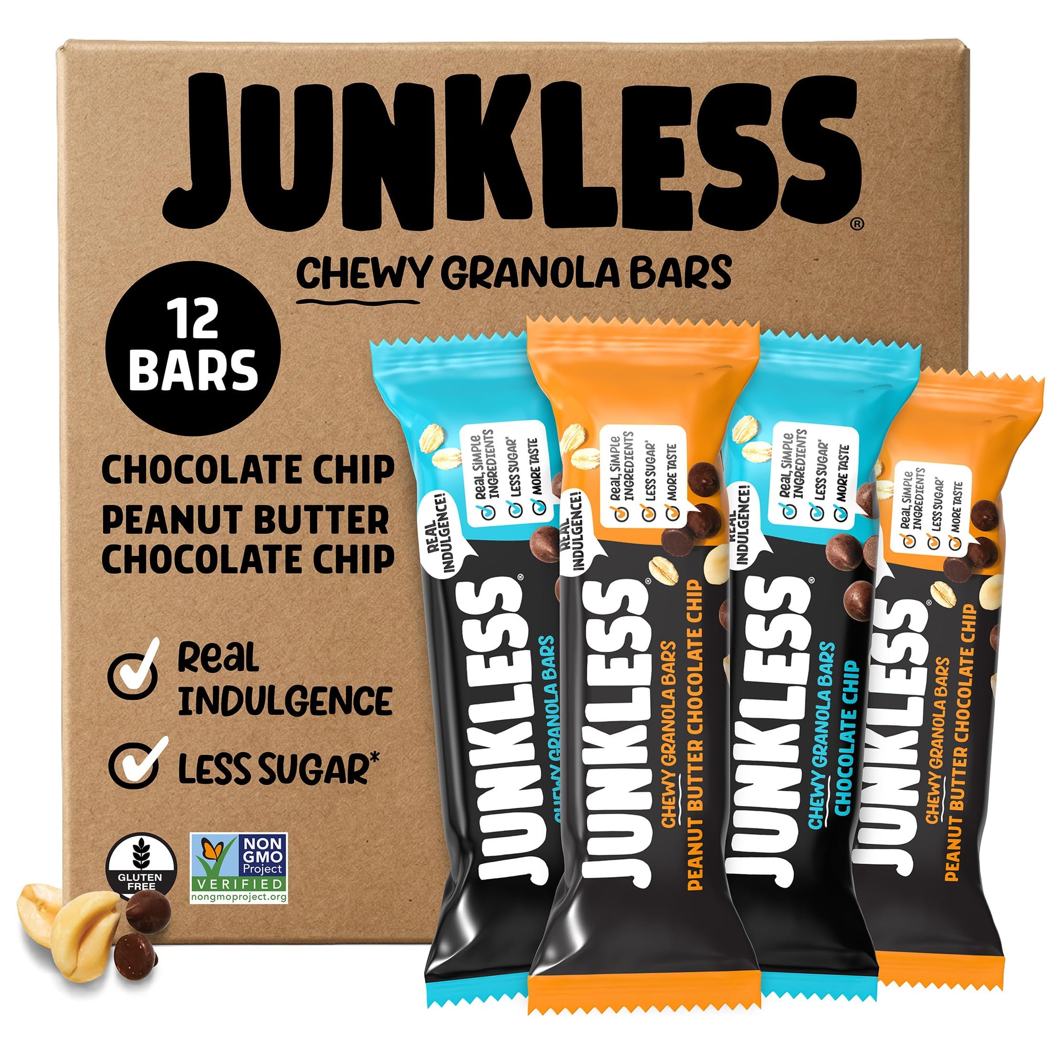 JUNKLESS Classic Chewy Granola Bars - Chocolate Chip and Peanut Butter Chocolate Chip, Gluten-Free, Non-GMO, Lower Sugar, Healthy Snacks for Kids
