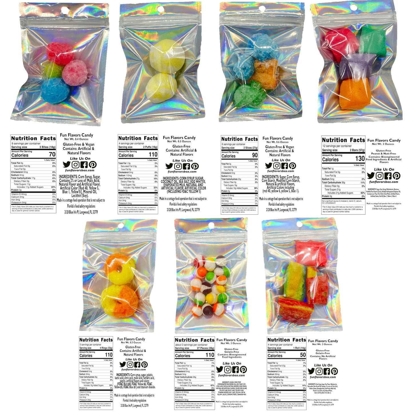 Fun Flavors Box Freeze Dried Candy 7 Bag Sampler Variety Pack, Unique Candy Gift Box- Crunchy and Airy or Chewy and Sticky- Taste the Transformation