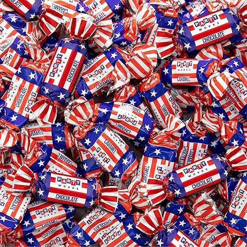 Patriotic Candy - 2 Pound Pack - Chocolate Flavored Caramels - Fourth of July Candy Bulk - Individually Wrapped Red White and Blue Taffies