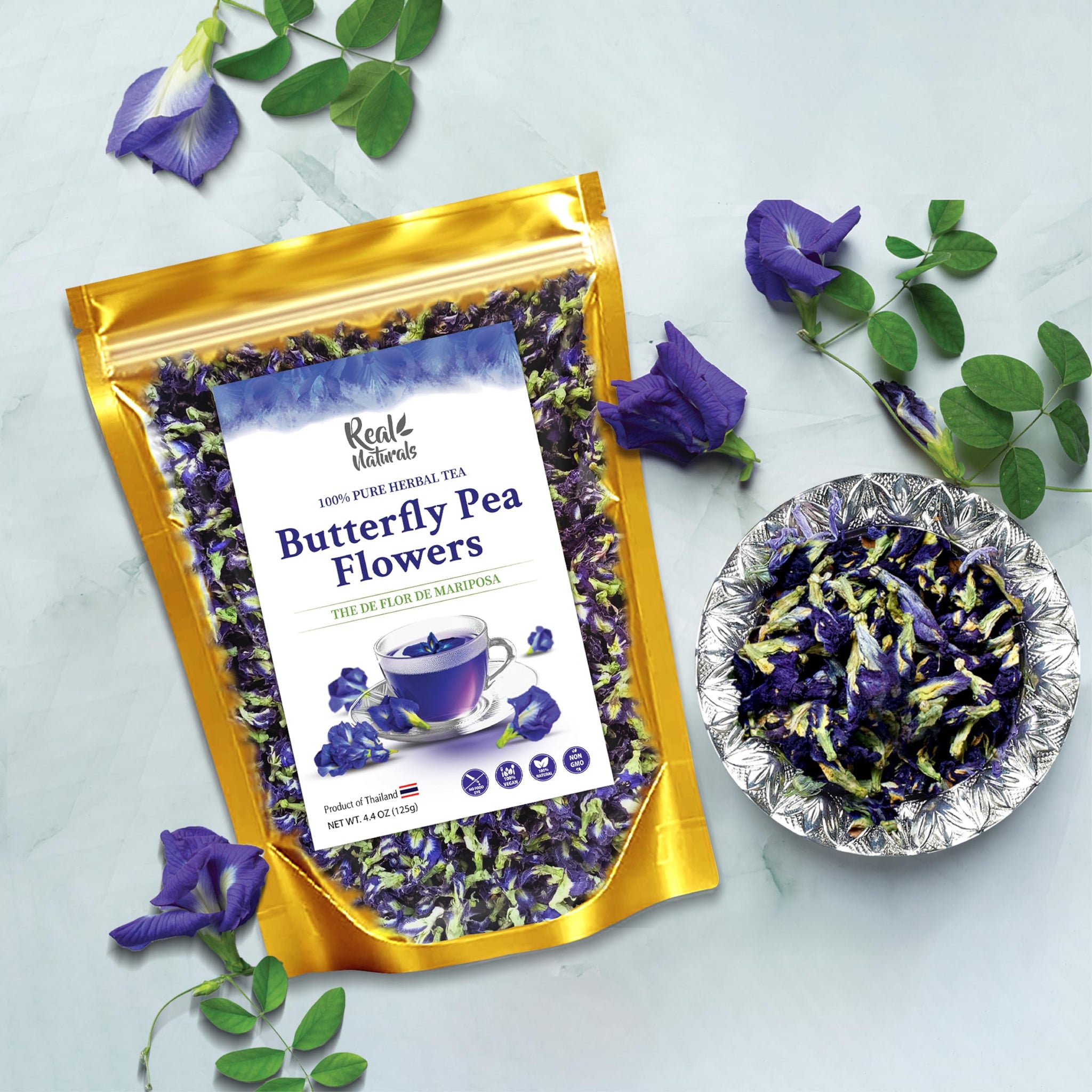 Butterfly pea flower tea loose leaf (375+ Cups) [ 4.4 Ounces Oz] Dried butterfly pea flowers blue tea