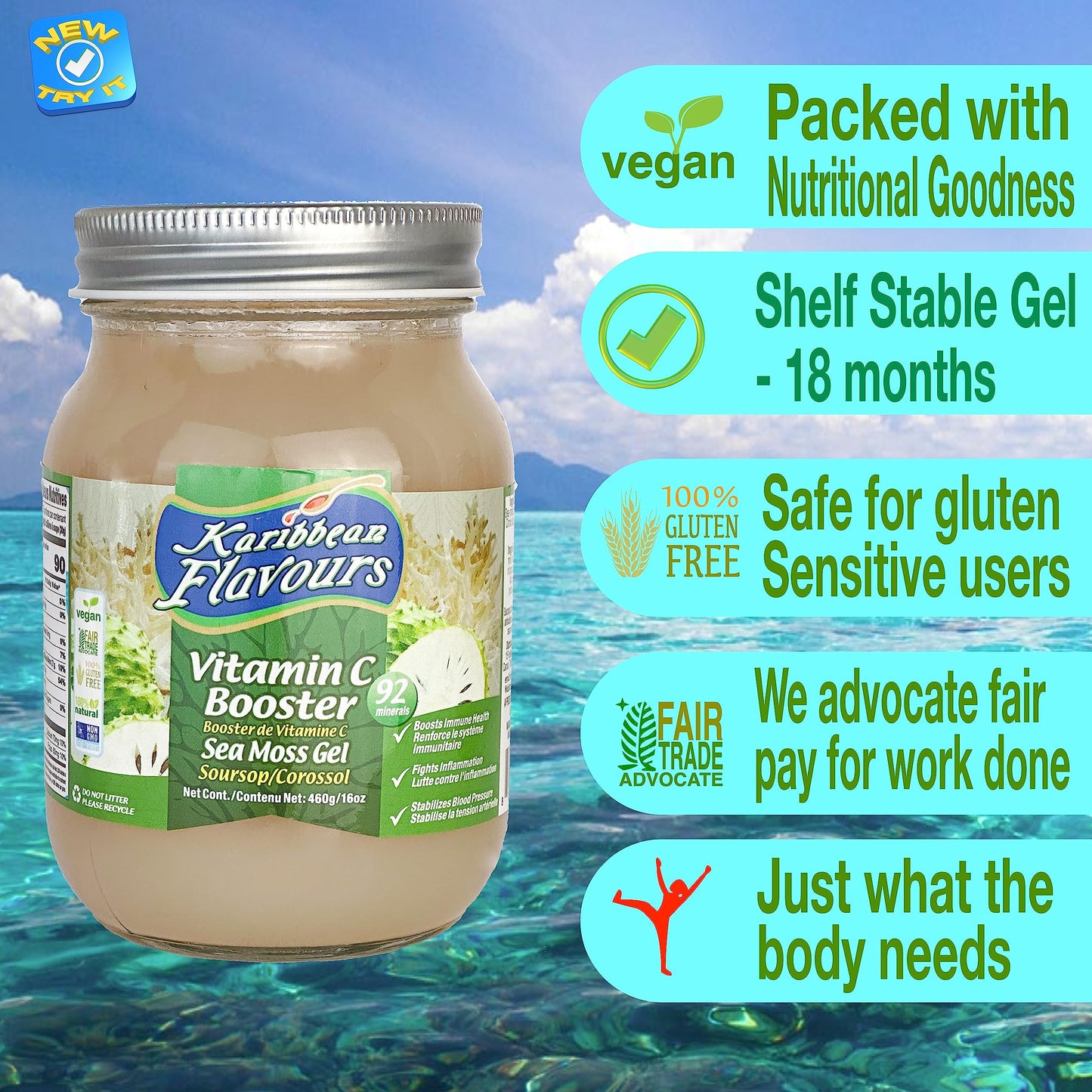 Karibbean Flavours Sea Moss Gel (Soursop/Corossol/Graviola) 16Oz. (Pack Of One) | Natural Raw Organic | Packed With Vitamins And Minerals | Shelf