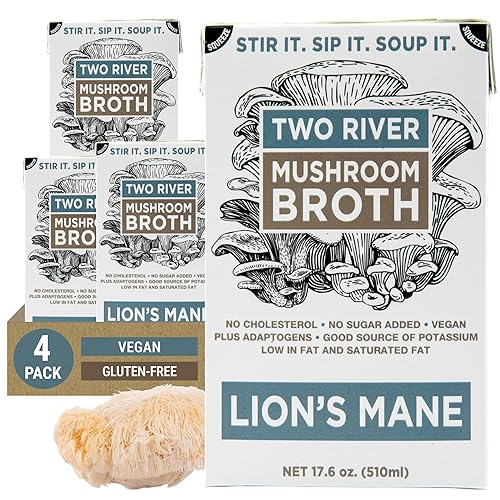 Two River Lion's Mane Mushroom Broth made with organic Lion's Mane and Shiitake Mushrooms, vegan plus adaptogens, perfect for sipping and souping