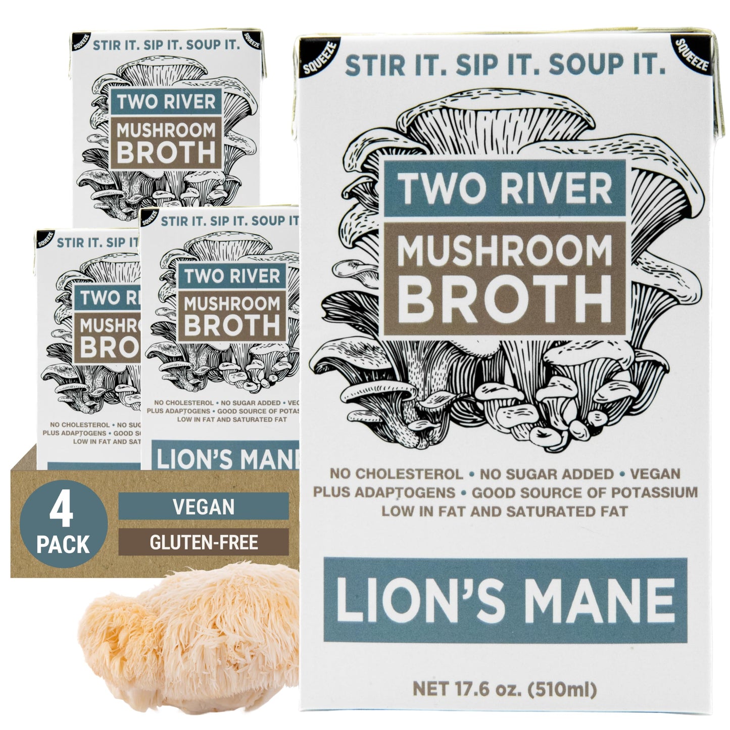 Two River Lion's Mane Mushroom Broth made with organic Lion's Mane and Shiitake Mushrooms, vegan plus adaptogens, perfect for sipping and souping