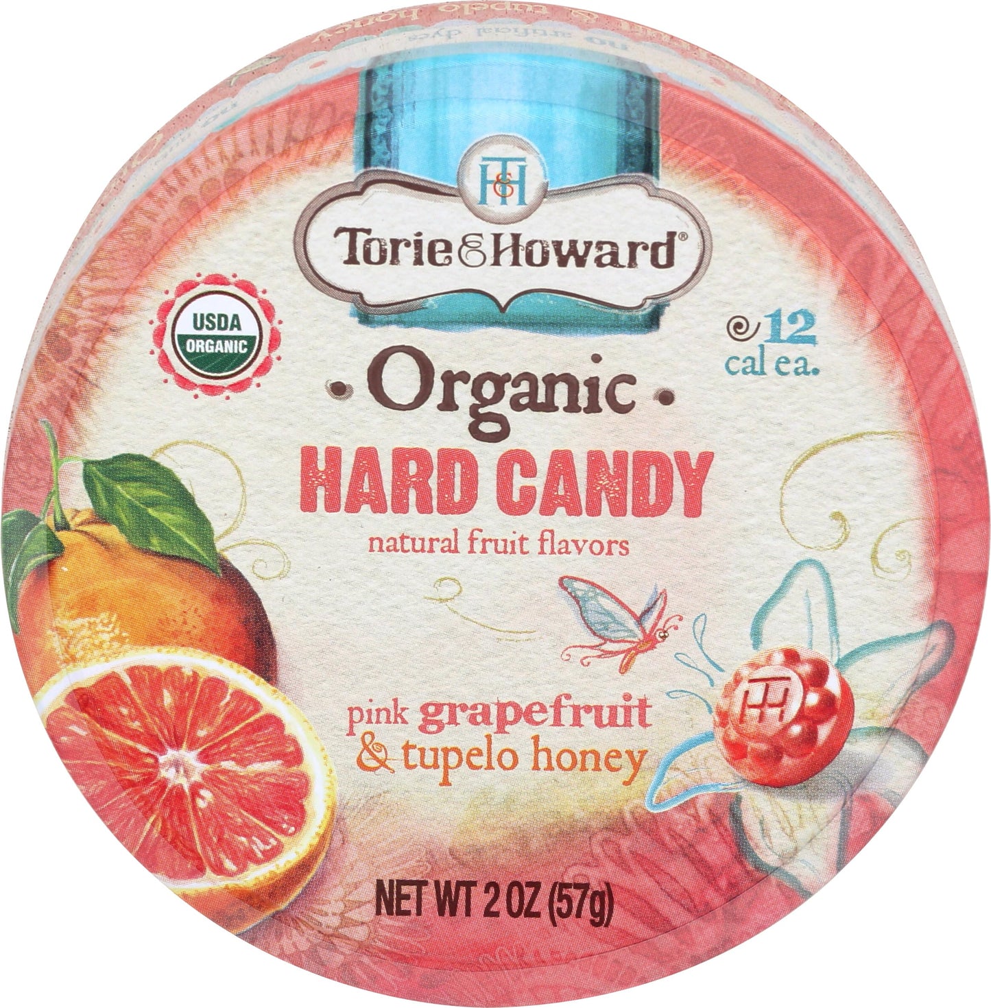 Torie and Howard Organic Hard Candy Tin, Pink Grapefruit and Tupelo Honey, 2 Ounce