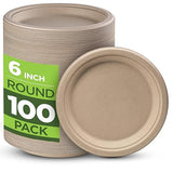 Munfix 100% Compostable Paper Plates 100 Pack, 6 Inch Heavy Duty Biodegradable Microwavable Disposable Brown Dessert Plates, Made of Eco-Friendly