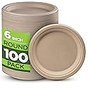 Munfix 100% Compostable Paper Plates 100 Pack, 6 Inch Heavy Duty Biodegradable Microwavable Disposable Brown Dessert Plates, Made of Eco-Friendly