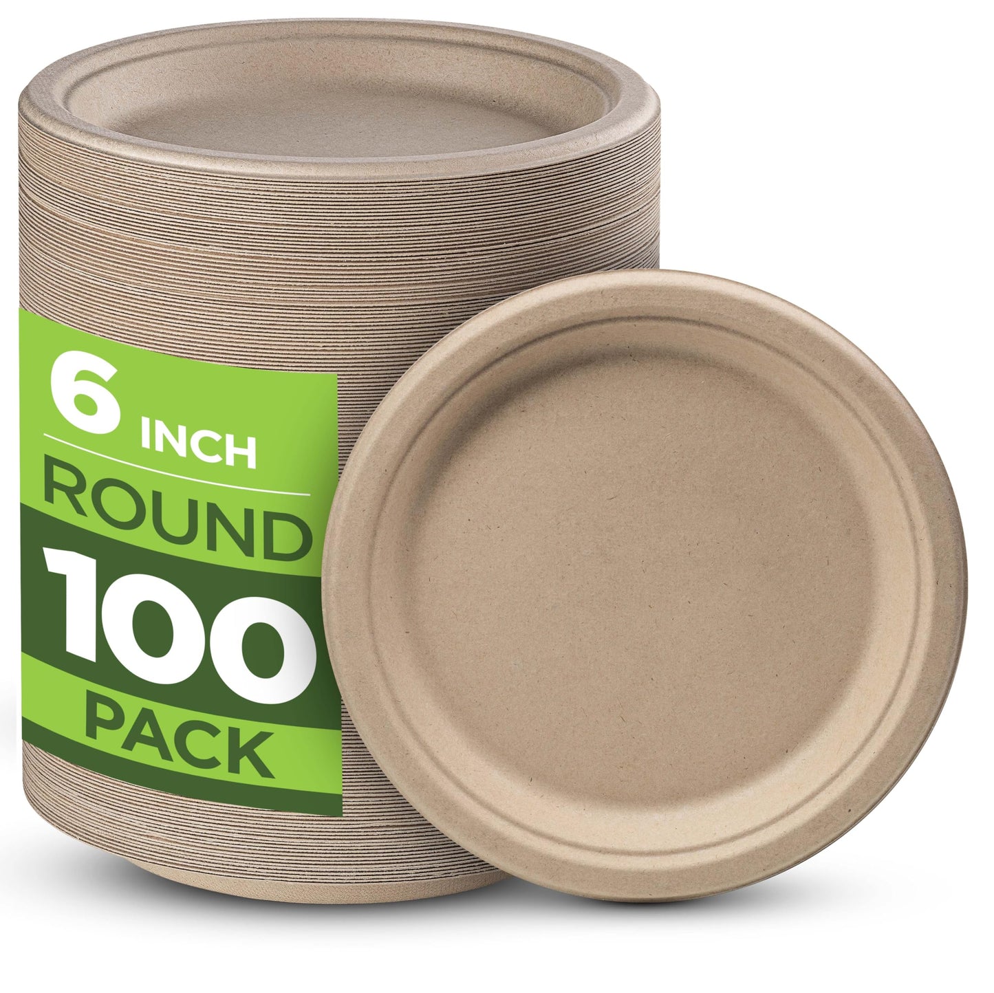 Munfix 100% Compostable Paper Plates 100 Pack, 6 Inch Heavy Duty Biodegradable Microwavable Disposable Brown Dessert Plates, Made of Eco-Friendly