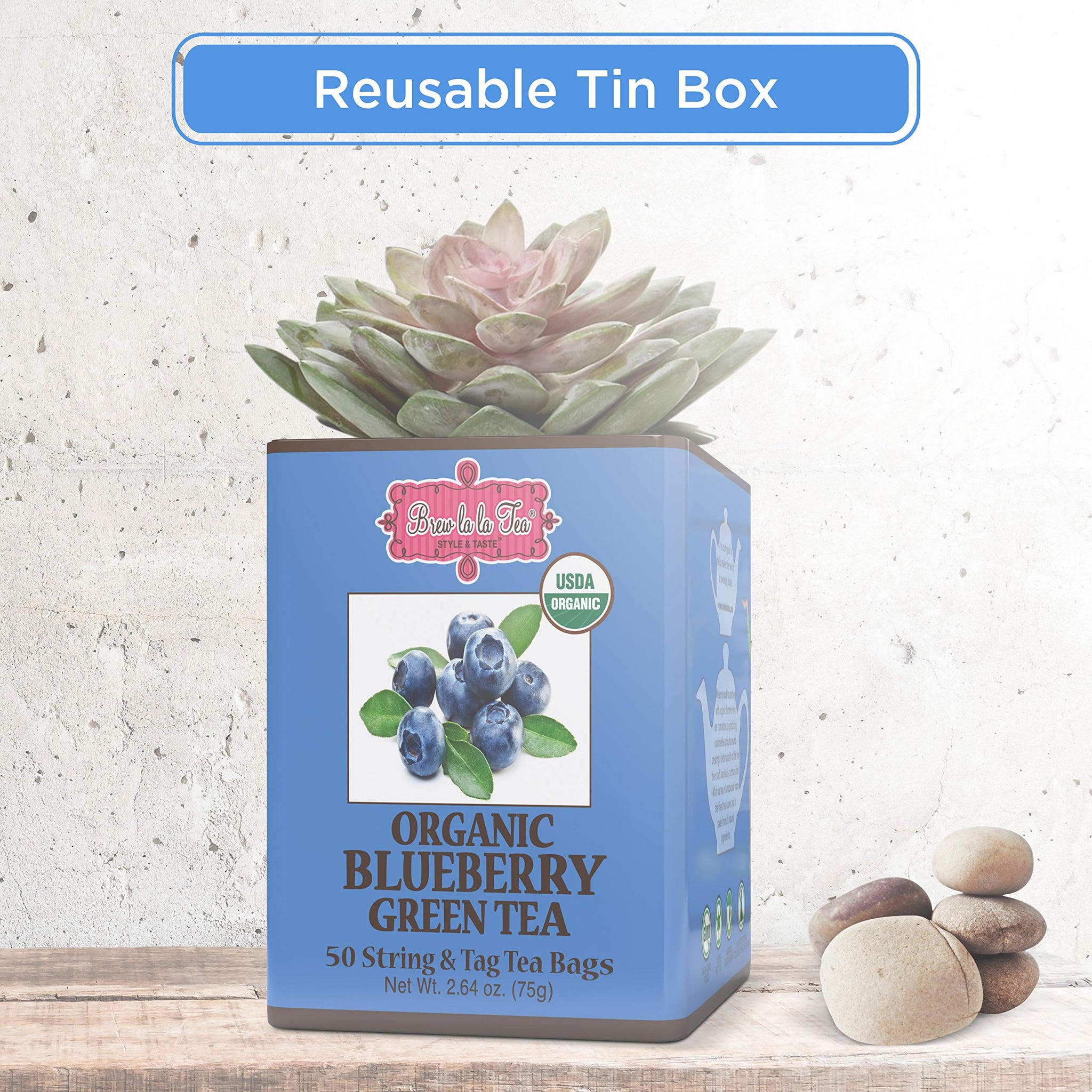 Brew La La Organic Green Tea - Natural Blueberry Flavor - 50 Double Chambered Bags - Low Caffeine Gourmet Tea - Certified Organic