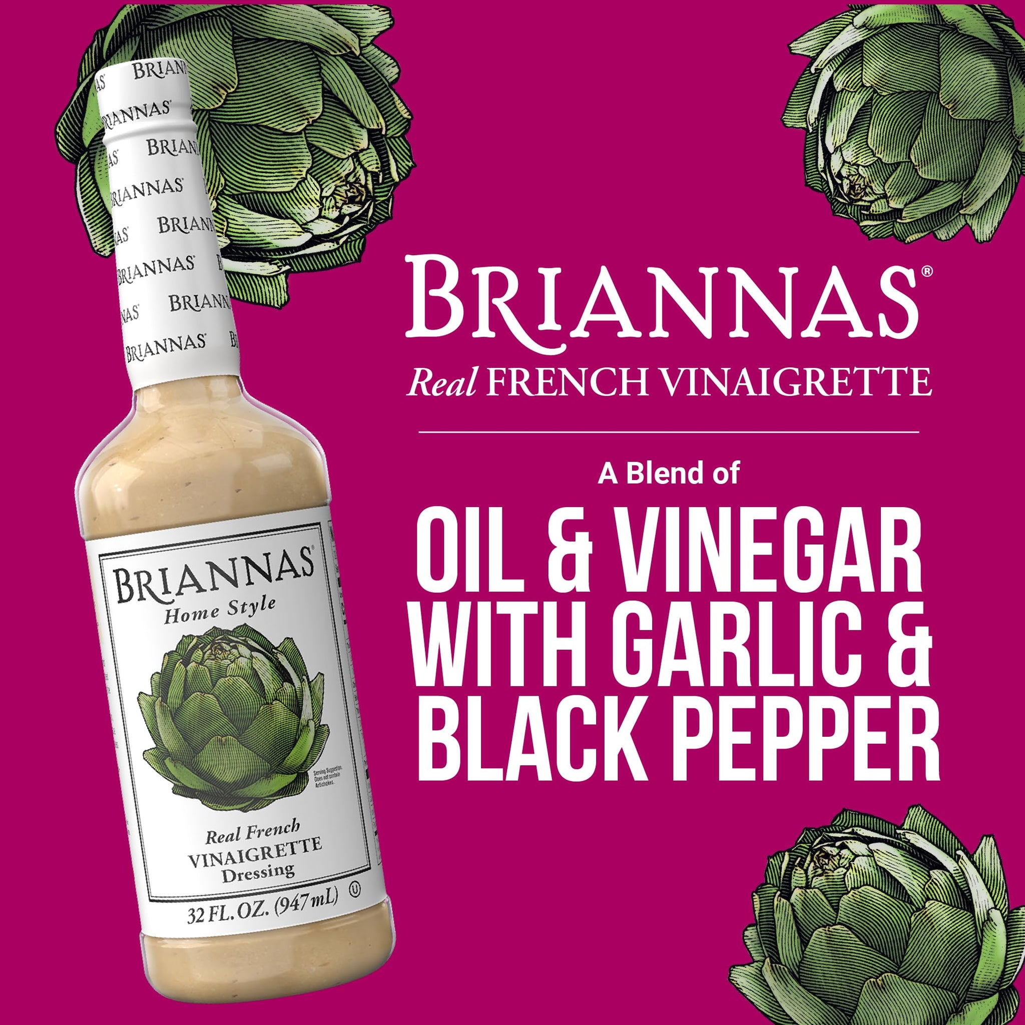 BRIANNAS - Home Style Real French Vinaigrette Dressing - Fine Salad Dressing made with Premium Ingredients - Sugar Free Dressing - 32 oz. Bottle