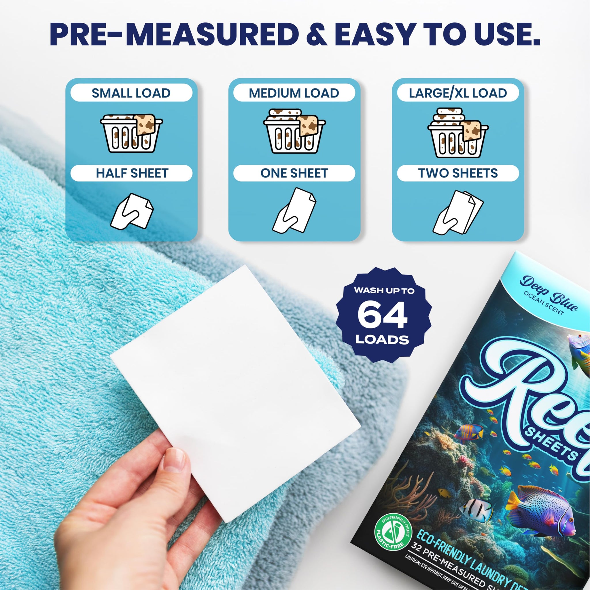 Reef Sheets Laundry Detergent Sheets, 64 loads, Hypoallergenic & Plastic-Free Eco-Friendly Packaging, Gentle on Skin, Tough on Stains