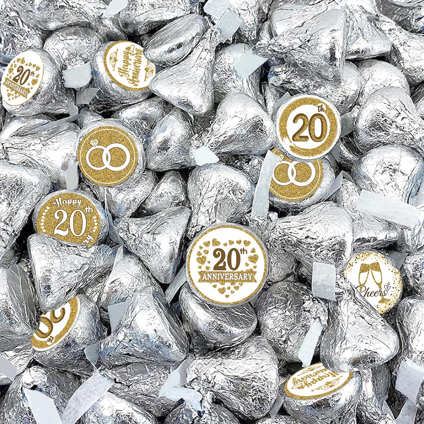 Gold 20th Anniversary Chocolate Kiss Stickers,180 Count, 0.75" Chocolate Drop Labels for Kisses, 20th Wedding Anniversary Party Favors Labels