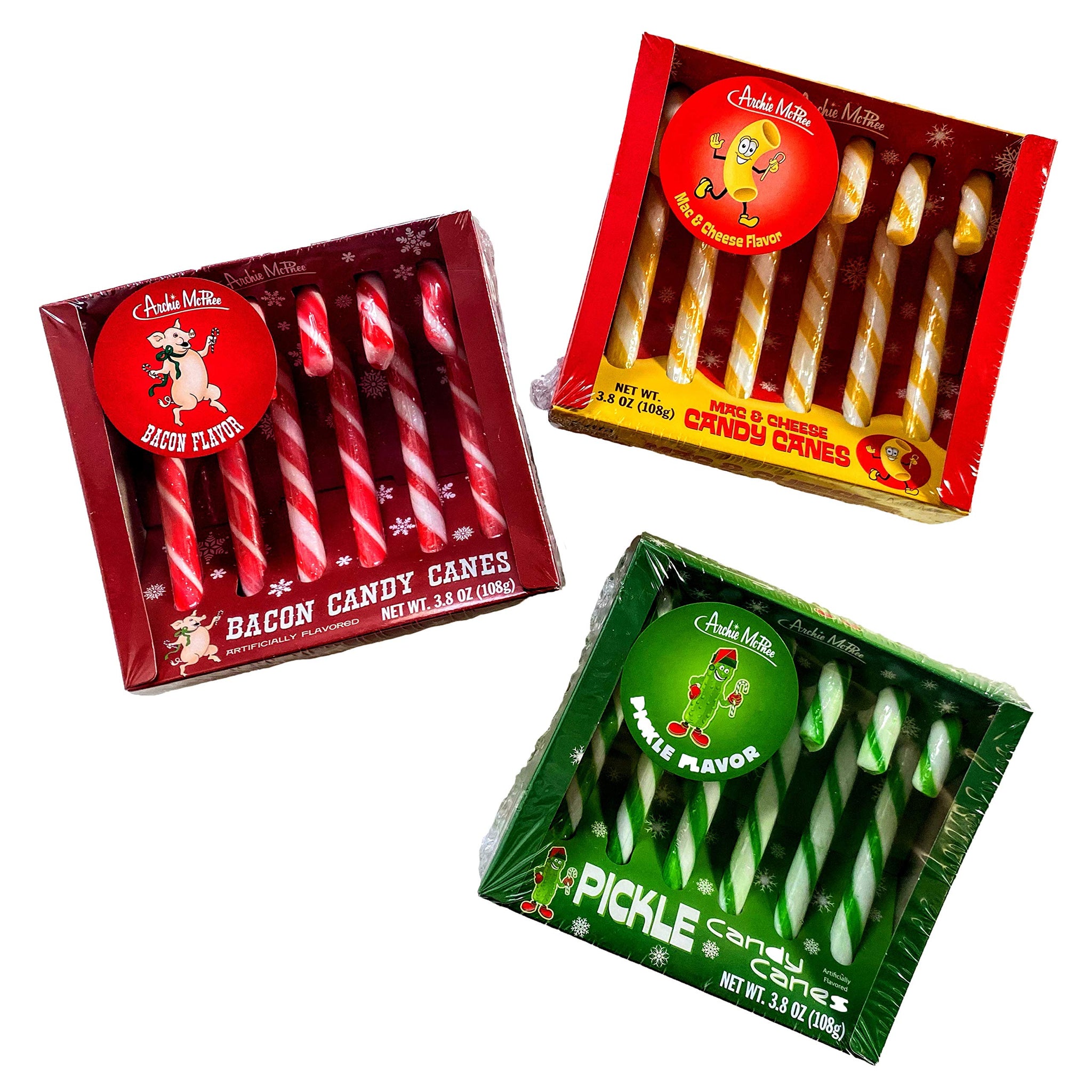 Archie McPhee Dill Pickle, Mac and Cheese, and Bacon Christmas Candy Canes - Stocking Stuffers - Funny Novelty Weird Candy - Prank, Gag, Joke, White
