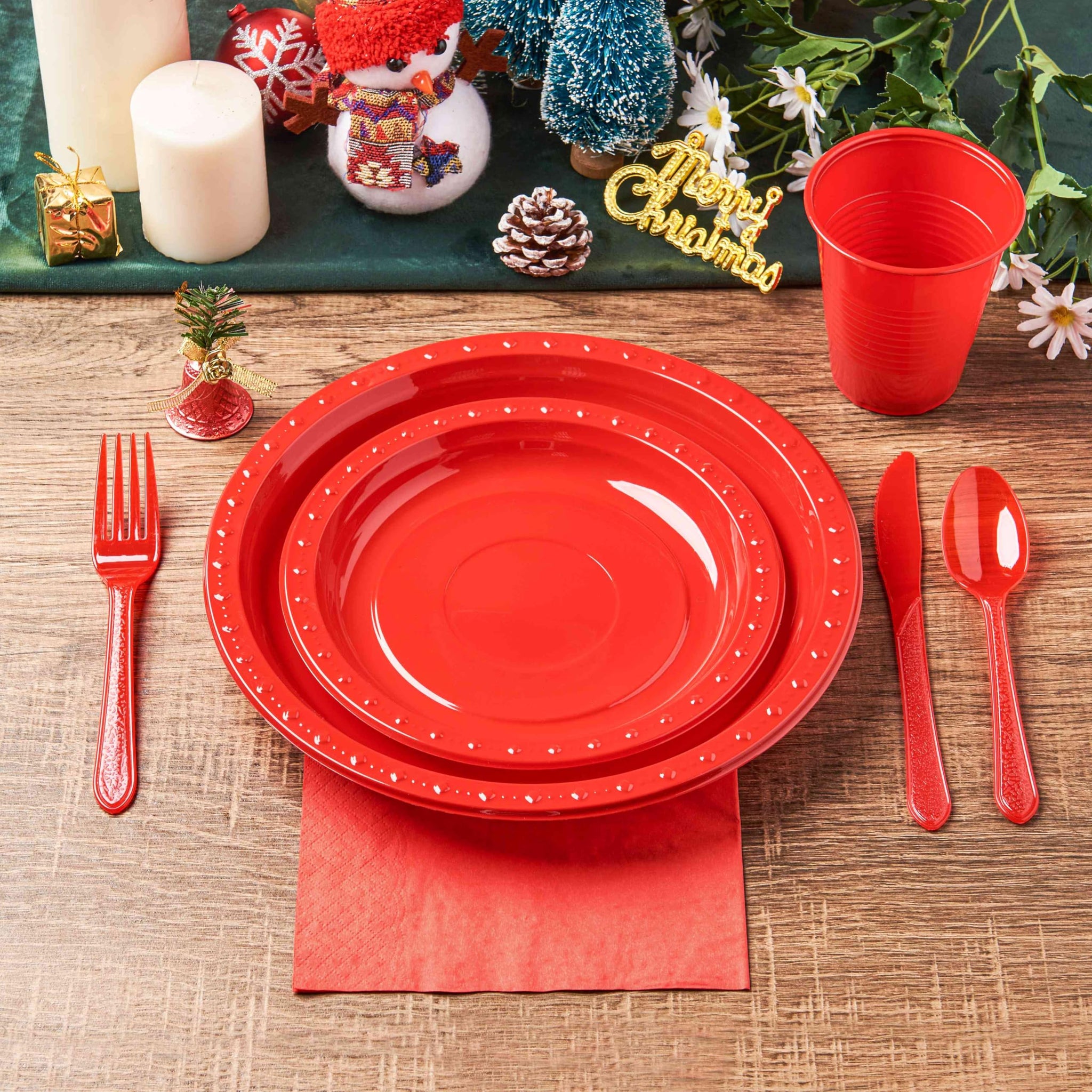 175 PCS Red Plastic Dinnerware Set Includes 50 Plates, 25 Cups, 25 Napkins, 25 Cutlery Spoons Forks & Knives, Disposable Dinnerware Set, Red Party