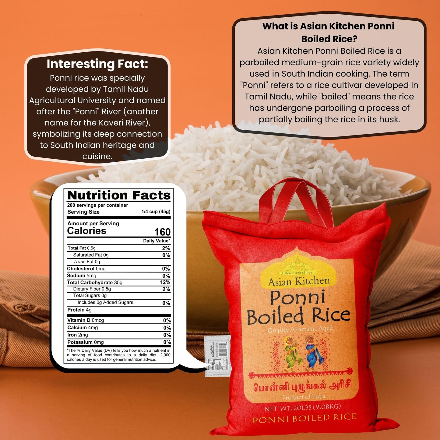 Asian Kitchen Ponni Boiled Rice 20-Pound Bag, 20lbs (9.08kg) Short Grain Par Boiled Rice ~ All Natural | Gluten Free | Vegan | Indian Origin | Export