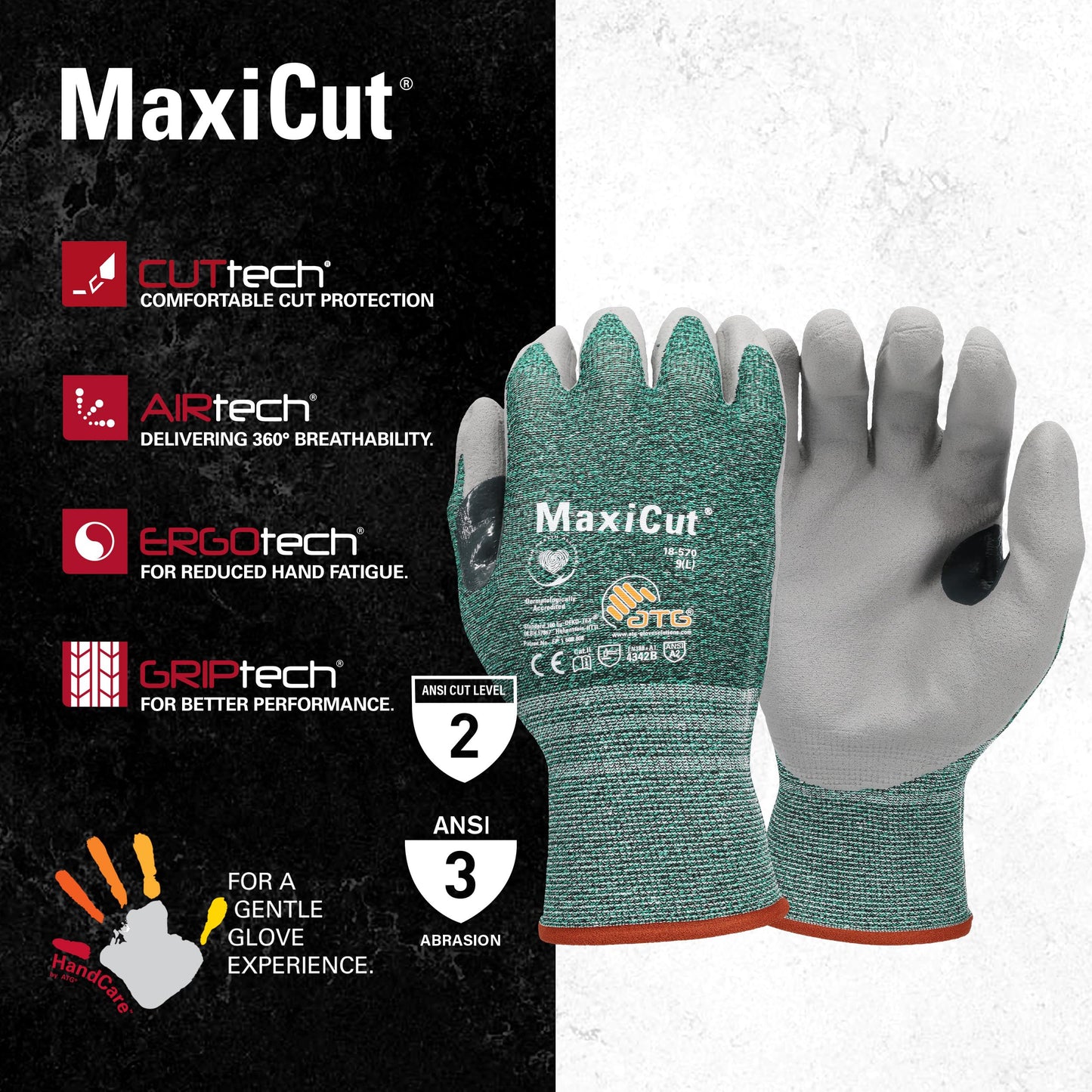 ATG 18-570/XL Maxicut, Green 15G Engineered Yarn Shell, Gray Nitrile Microfoam Grip, A2 Green XL