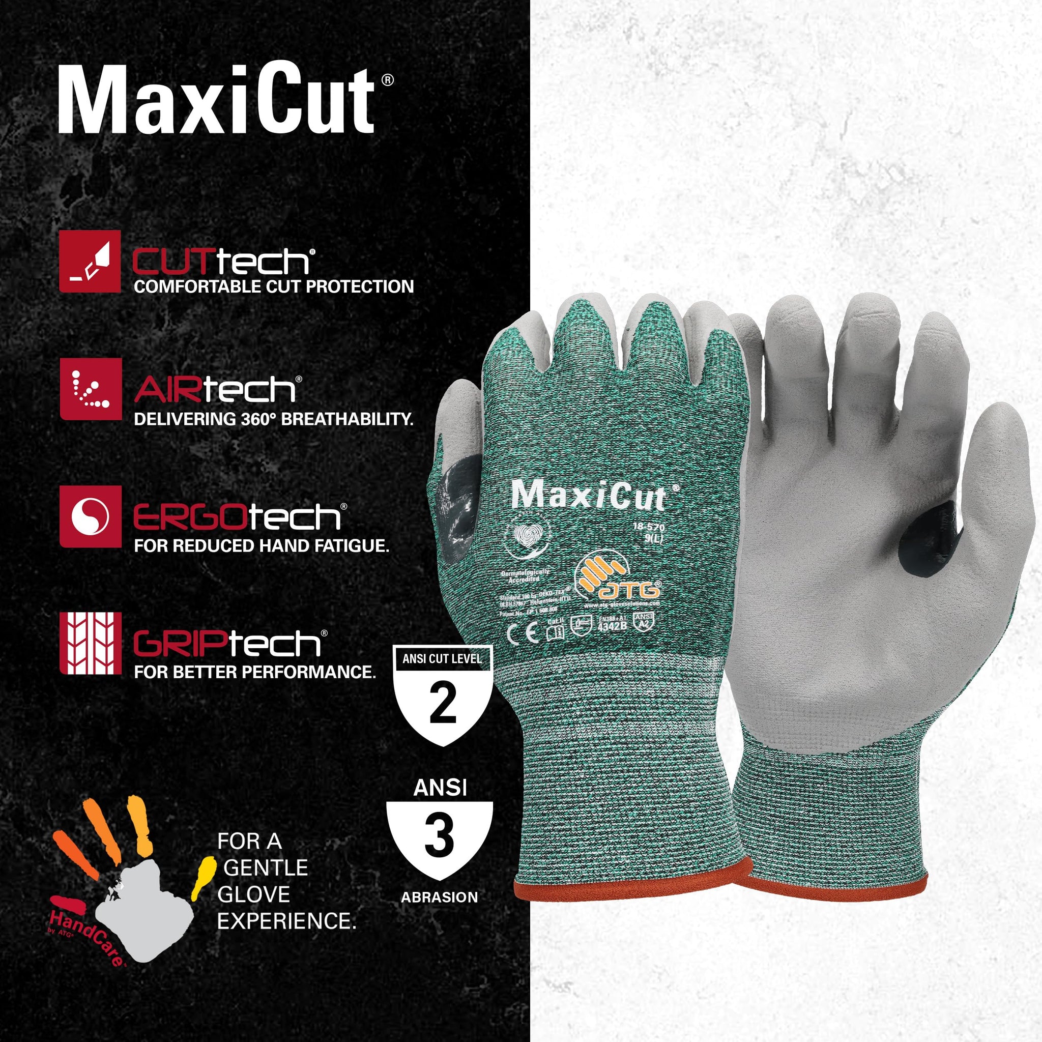 ATG 18-570/XL Maxicut, Green 15G Engineered Yarn Shell, Gray Nitrile Microfoam Grip, A2 Green XL