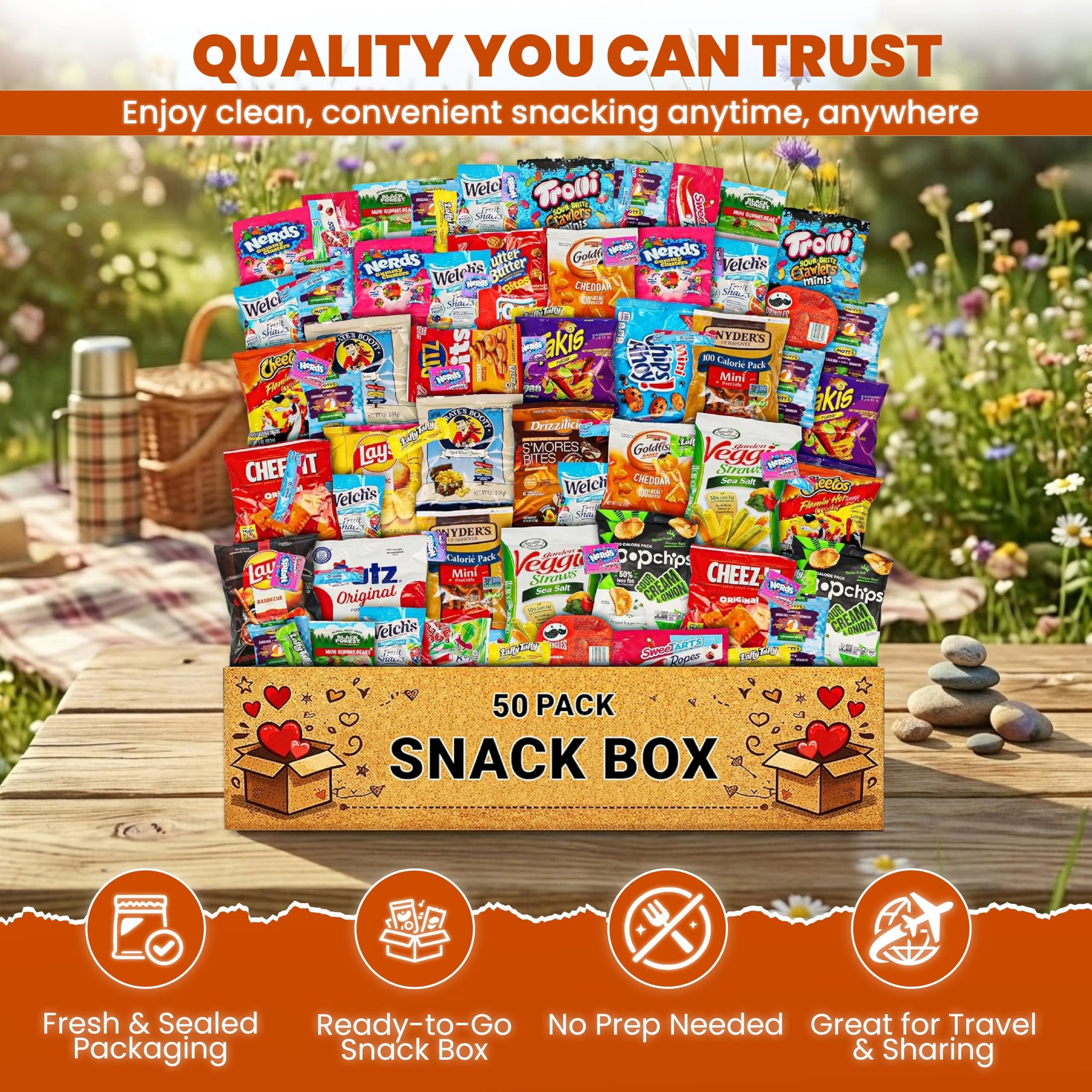 Snack Variety Care Package Gift Box, 50 Count Ready To Gift Assorted Snacks With Cookies Chips Bars Popcorn Crackers For Adults Kids Office Break