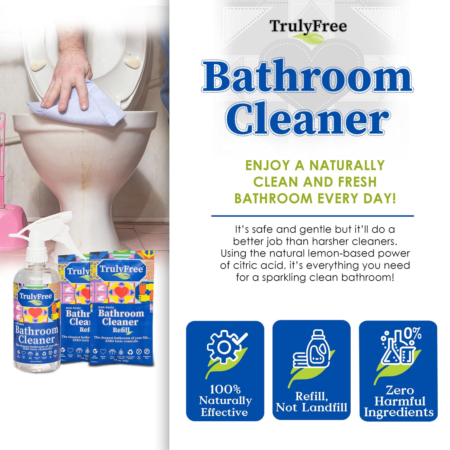 Truly Free All Natural Non-Toxic Bathroom Cleaner Spray Kit, Organic Bath & Tile Cleaning Solution for Toilet, Sink, Tub & Shower, 16 oz Reusable
