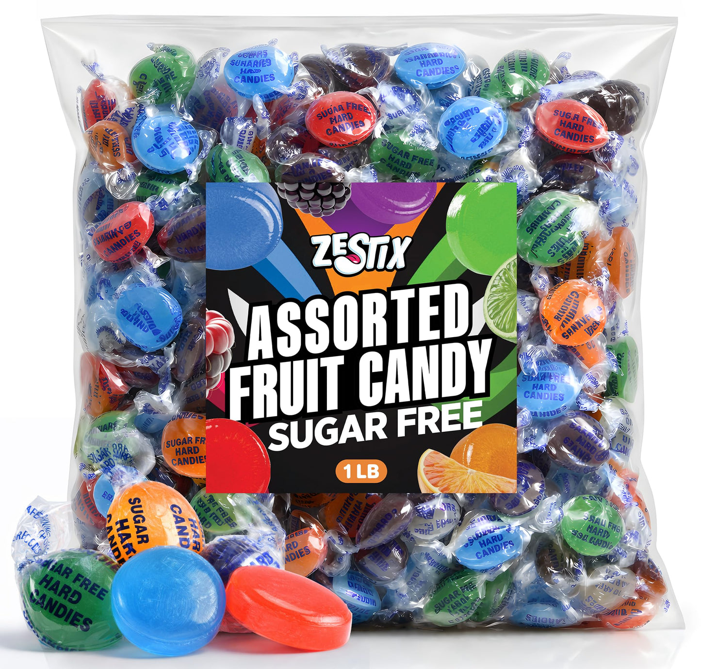 Sugar Free Assorted Fruit Hard Candy, 1 lb. Bag - Individually Wrapped Sugarless Fruit Flavored Candy Mix, Assorted Hard Candy for Candy Bowls, Office