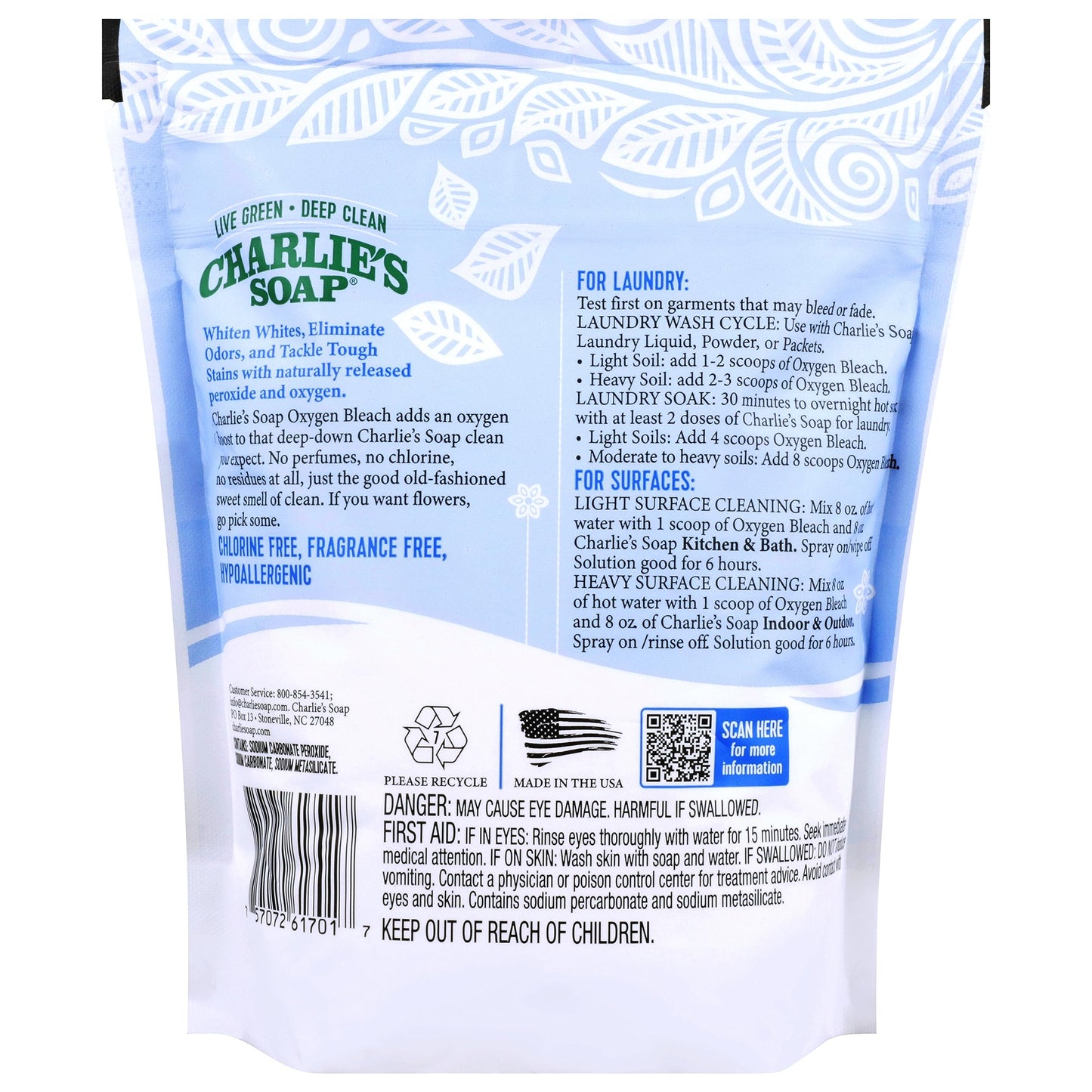 Charlie's Soap - Oxygen Bleach (2.64 Lbs., 1 Pack) Non-Chlorine Bleach Alternative Powder - Whiten Laundry & Remove Stains - Safer for Colors