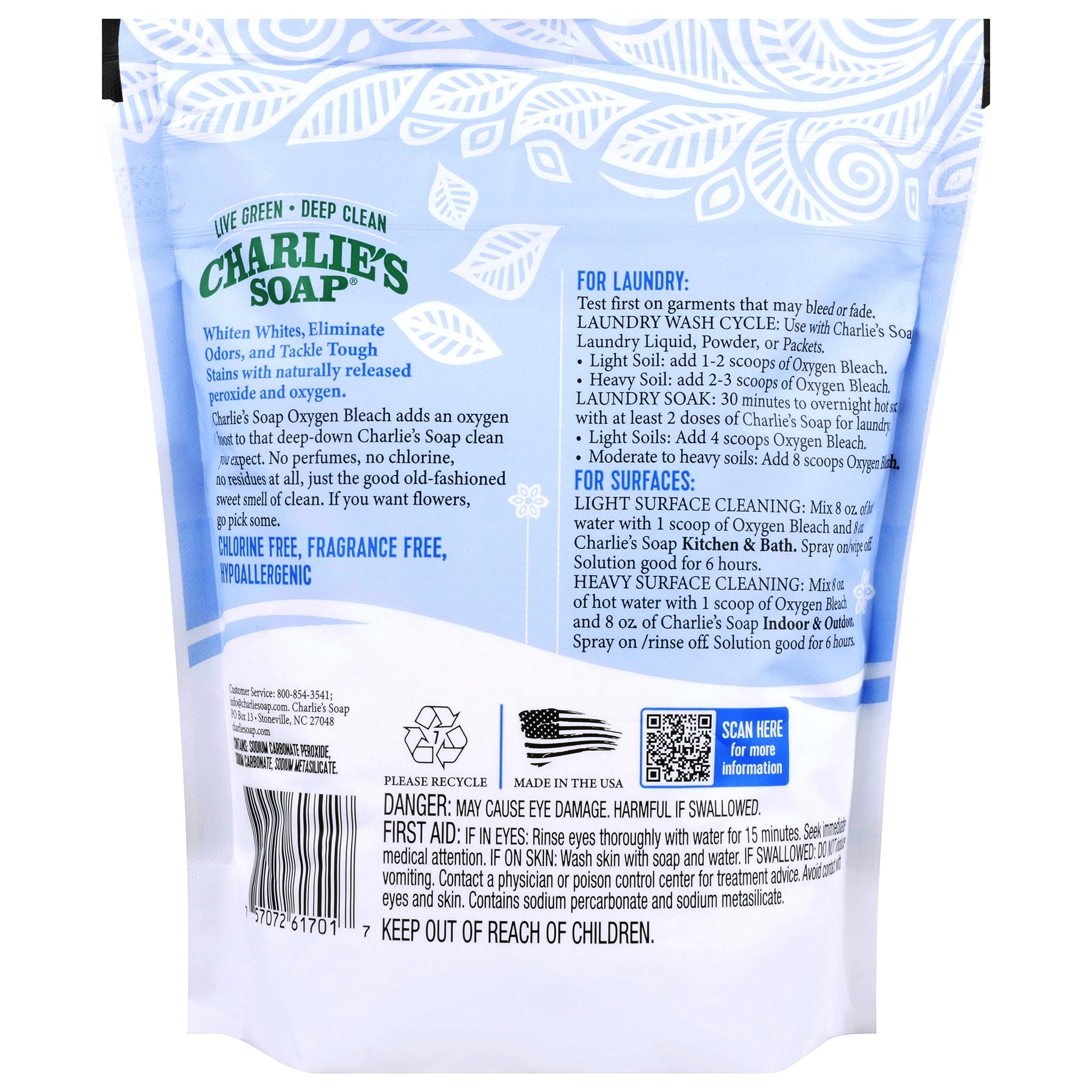 Charlie's Soap - Oxygen Bleach (2.64 Lbs., 1 Pack) Non-Chlorine Bleach Alternative Powder - Whiten Laundry & Remove Stains - Safer for Colors