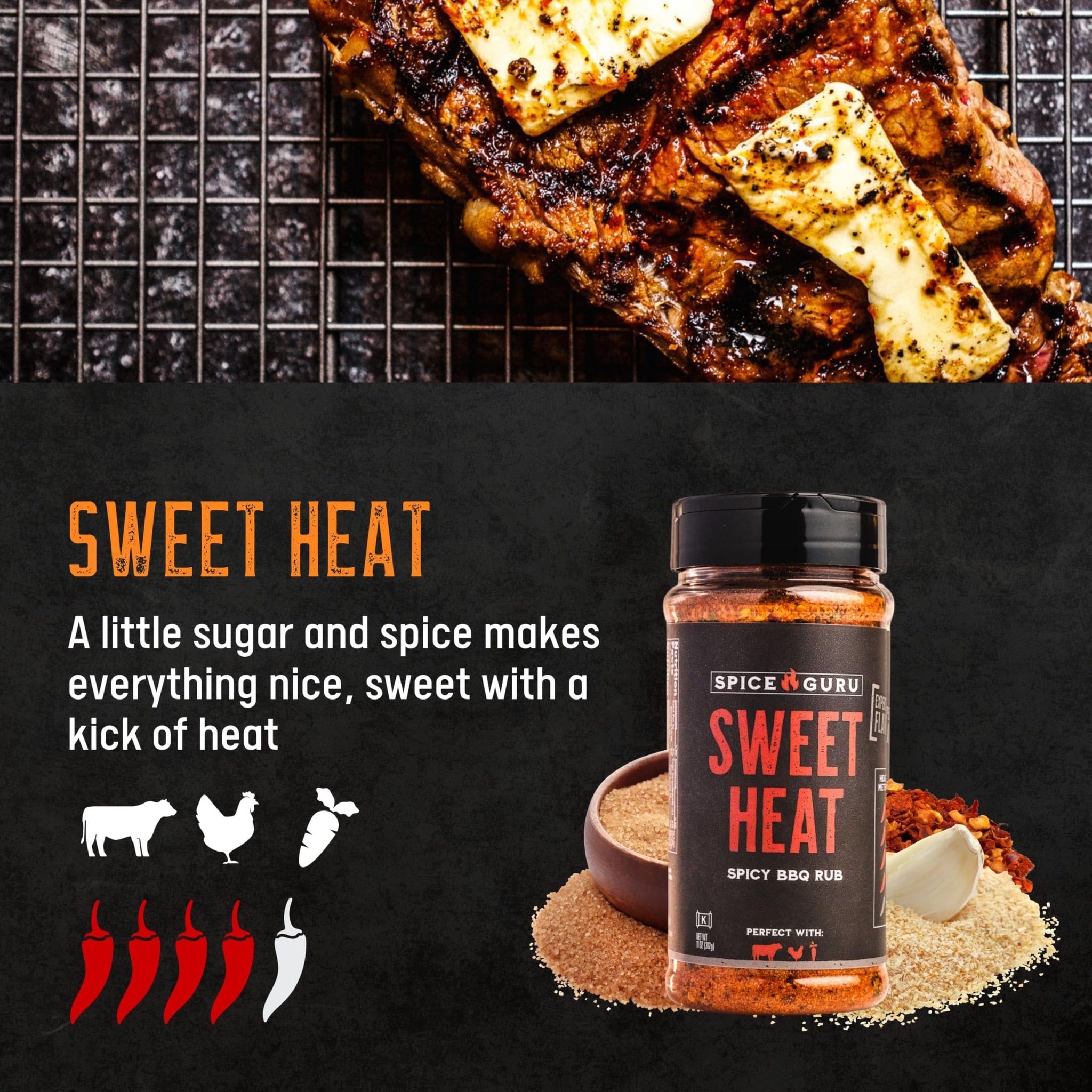 Spice Guru Sweet Heat BBQ Rub - Gifts for Men Who Cook, Gifts for Dad, Men Gifts, Dad Birthday Gift - Spices and Seasonings Sets - Steak Seasoning