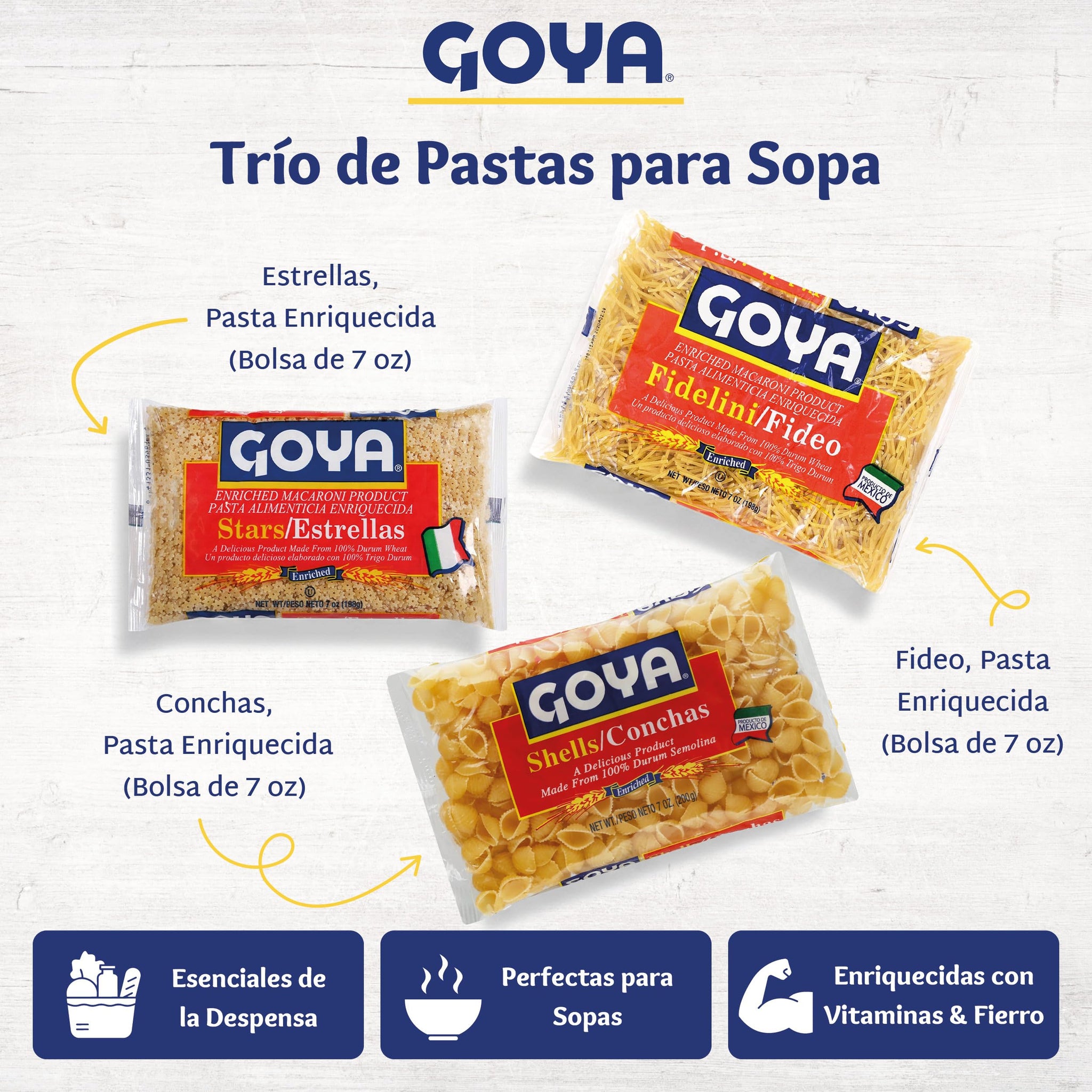 Goya Pasta for Soup Trio, Fidelini Pasta, Stars Enriched Macaroni Pasta, Shells Enriched Macaroni Pasta, Pasta Variety Pack, Soup Pasta Sampler, 7oz